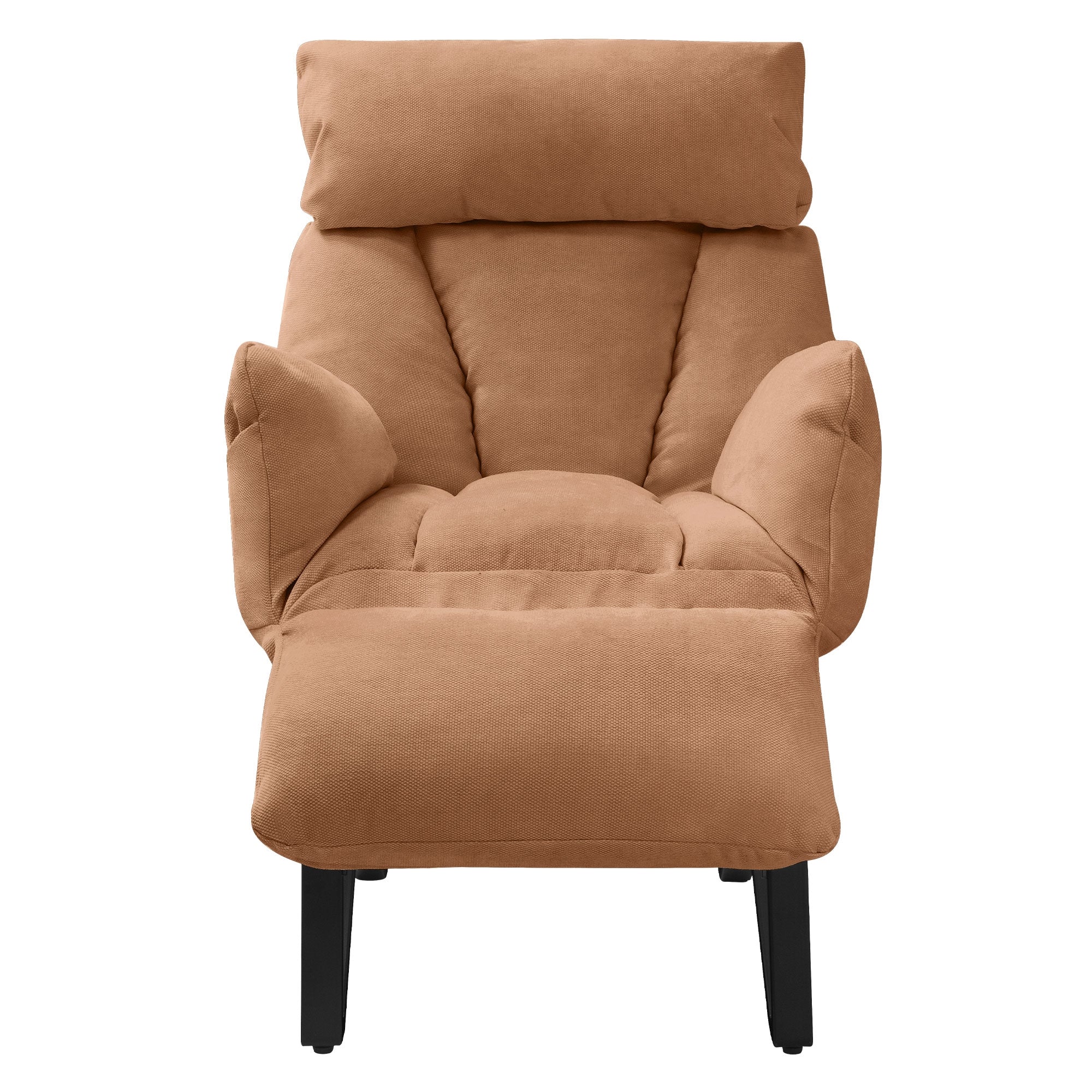 Sillón beige con reposabrazos altos y reposacabezas, sobre estructura negra.