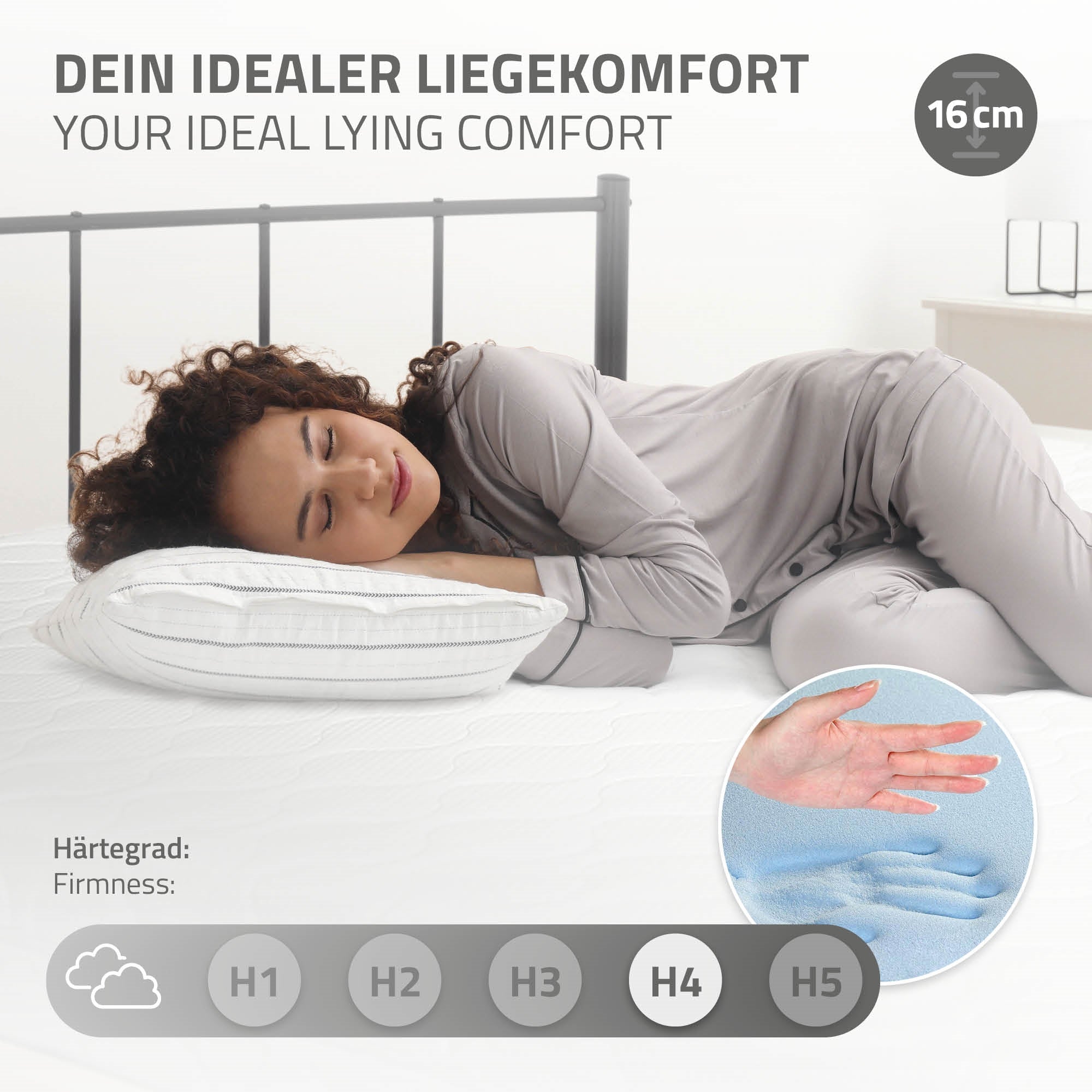 Personne allongée sur un matelas et testant le confort de couchage.
