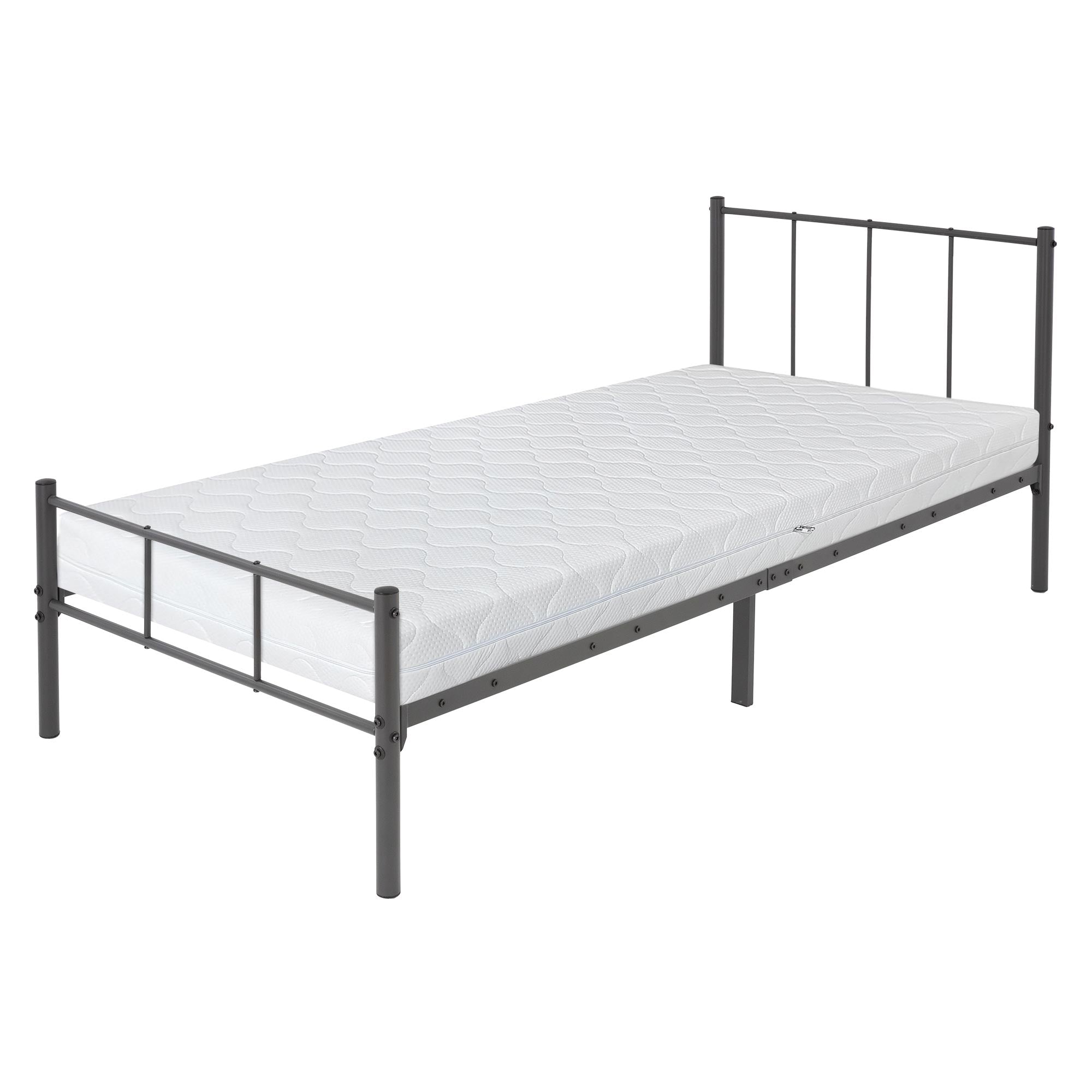 Un cadre de lit simple avec un matelas blanc sur un cadre en métal gris.