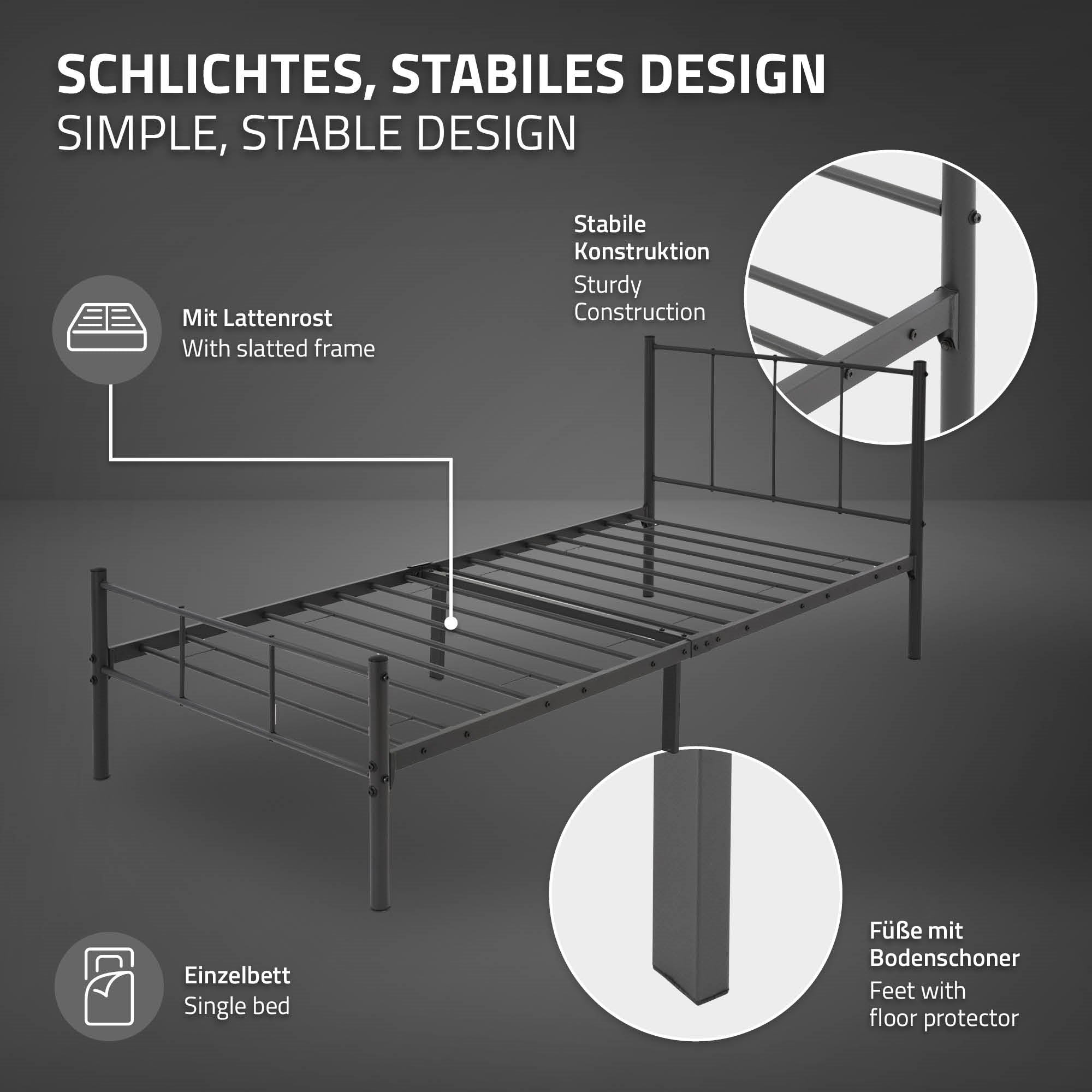 Bettgestell mit stabiler Konstruktion und Bodenschonern.