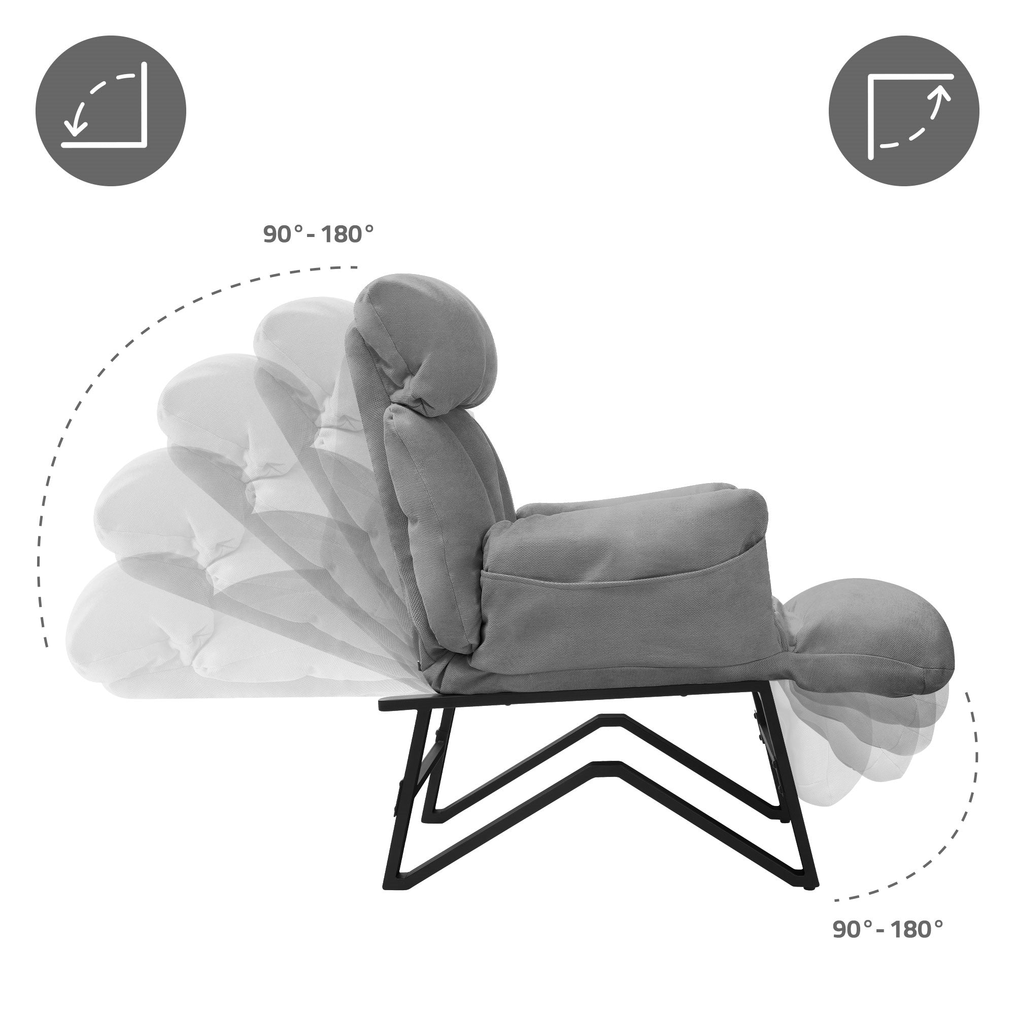 Seitenansicht eines Relaxsessels mit verstellbarer Rückenlehne.