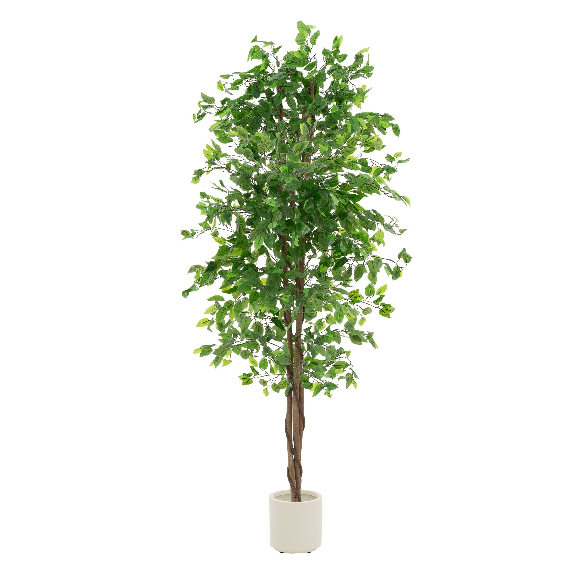 Künstlicher Baum in einem weißen Topf, Höhe 210 cm, grüne Blätter.