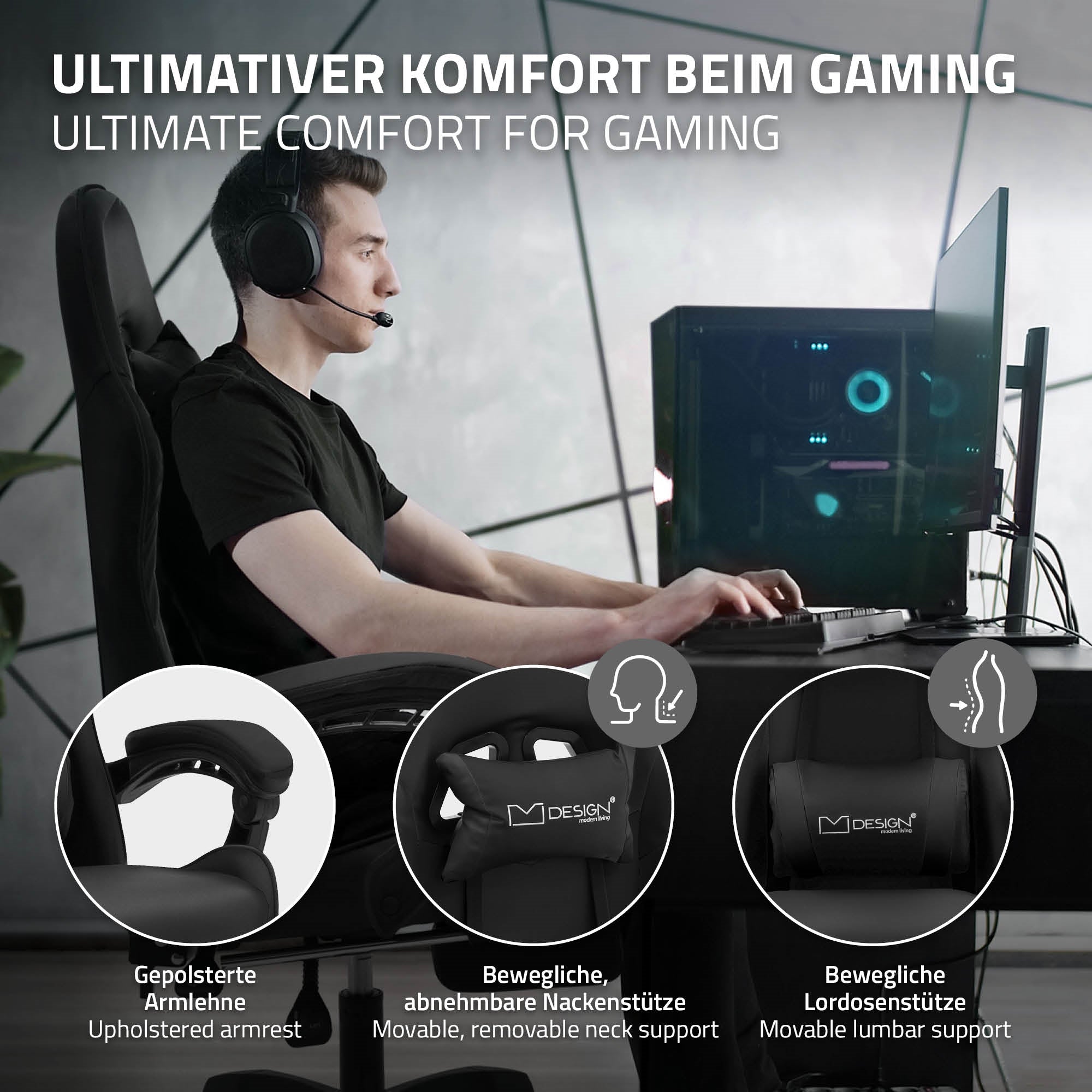 Uomo con cuffie seduto al computer, sedia da gaming in primo piano.