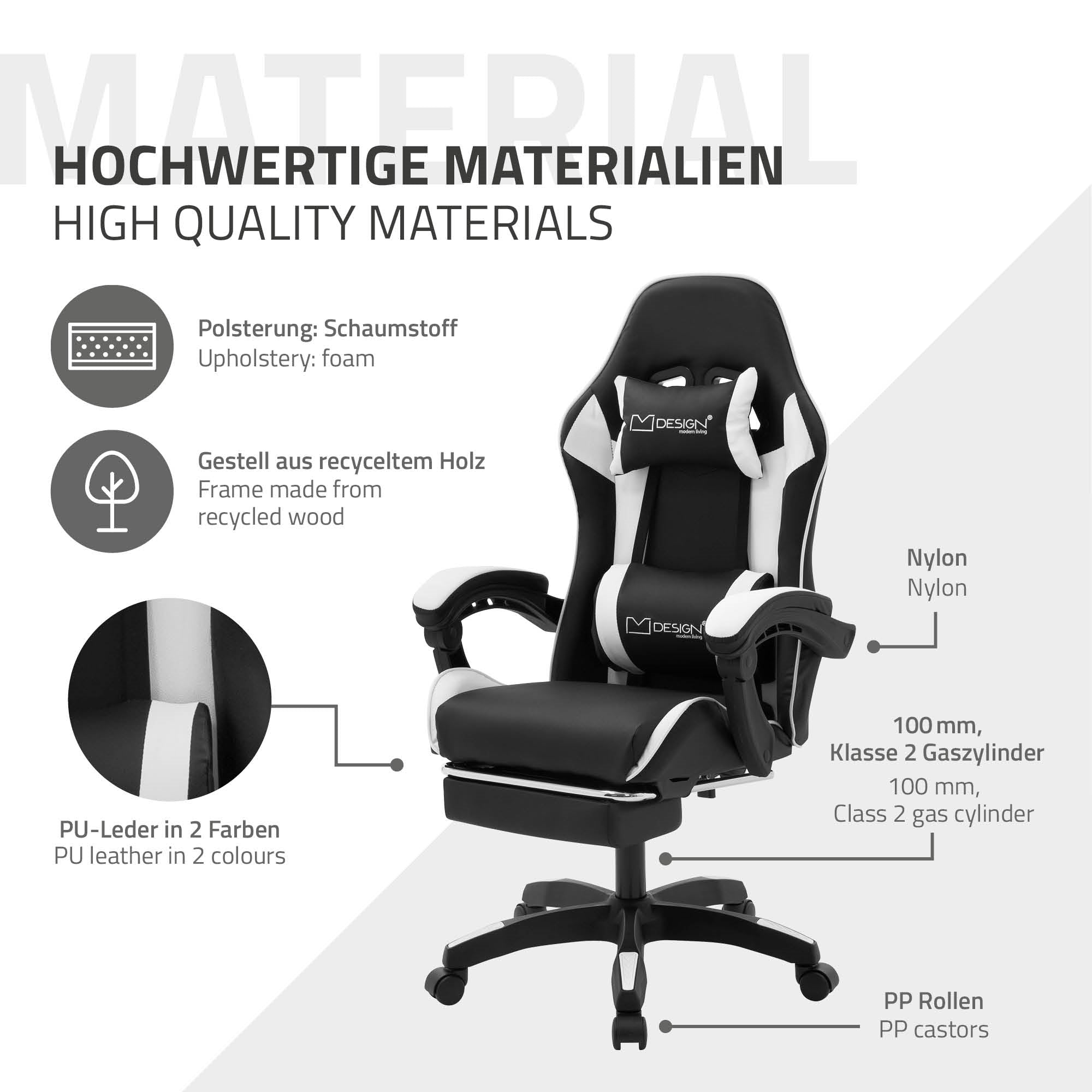Sedia da gaming con imbottitura in schiuma e struttura in legno riciclato.