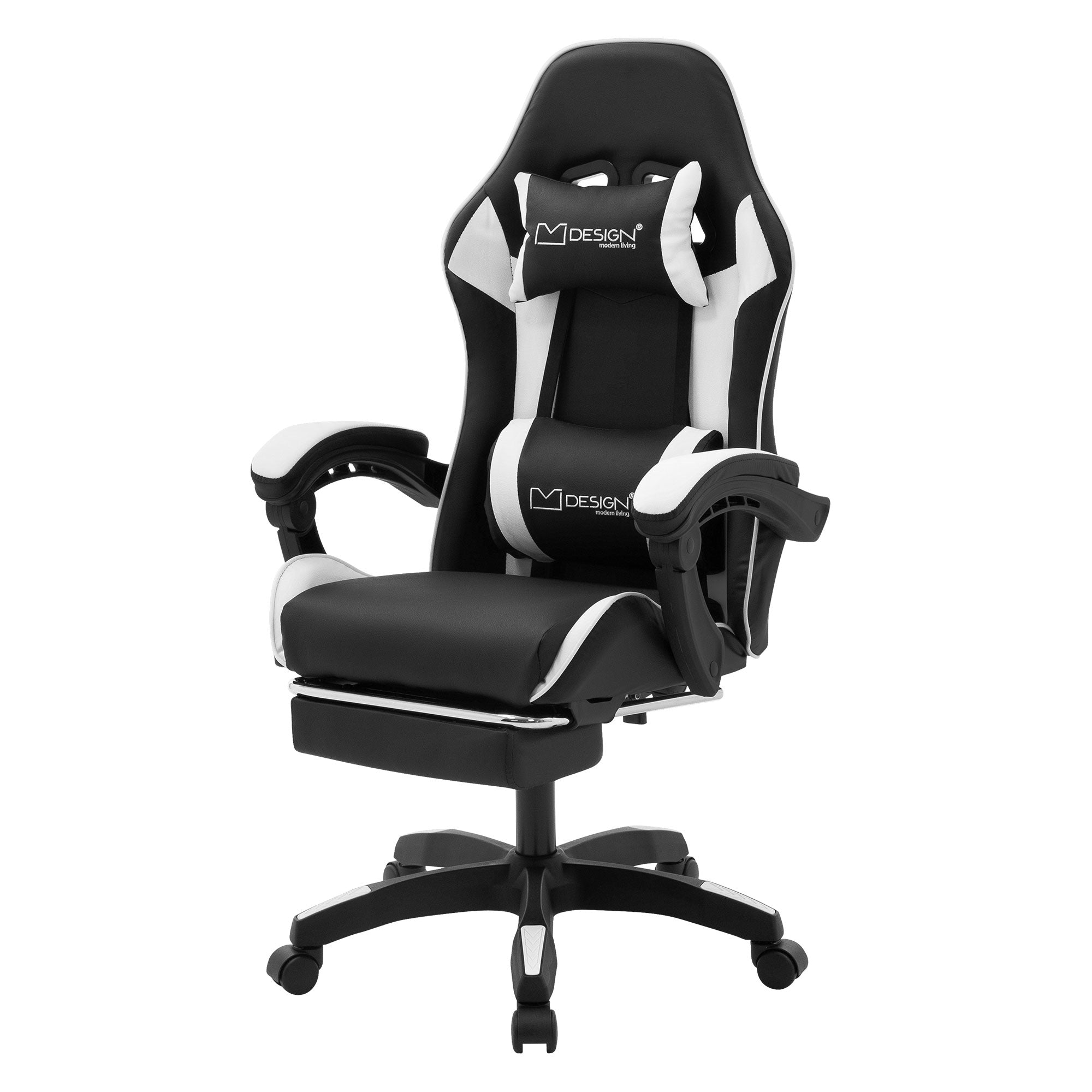 Schwarzer Gaming-Stuhl mit weißen Akzenten und Kopfstütze.