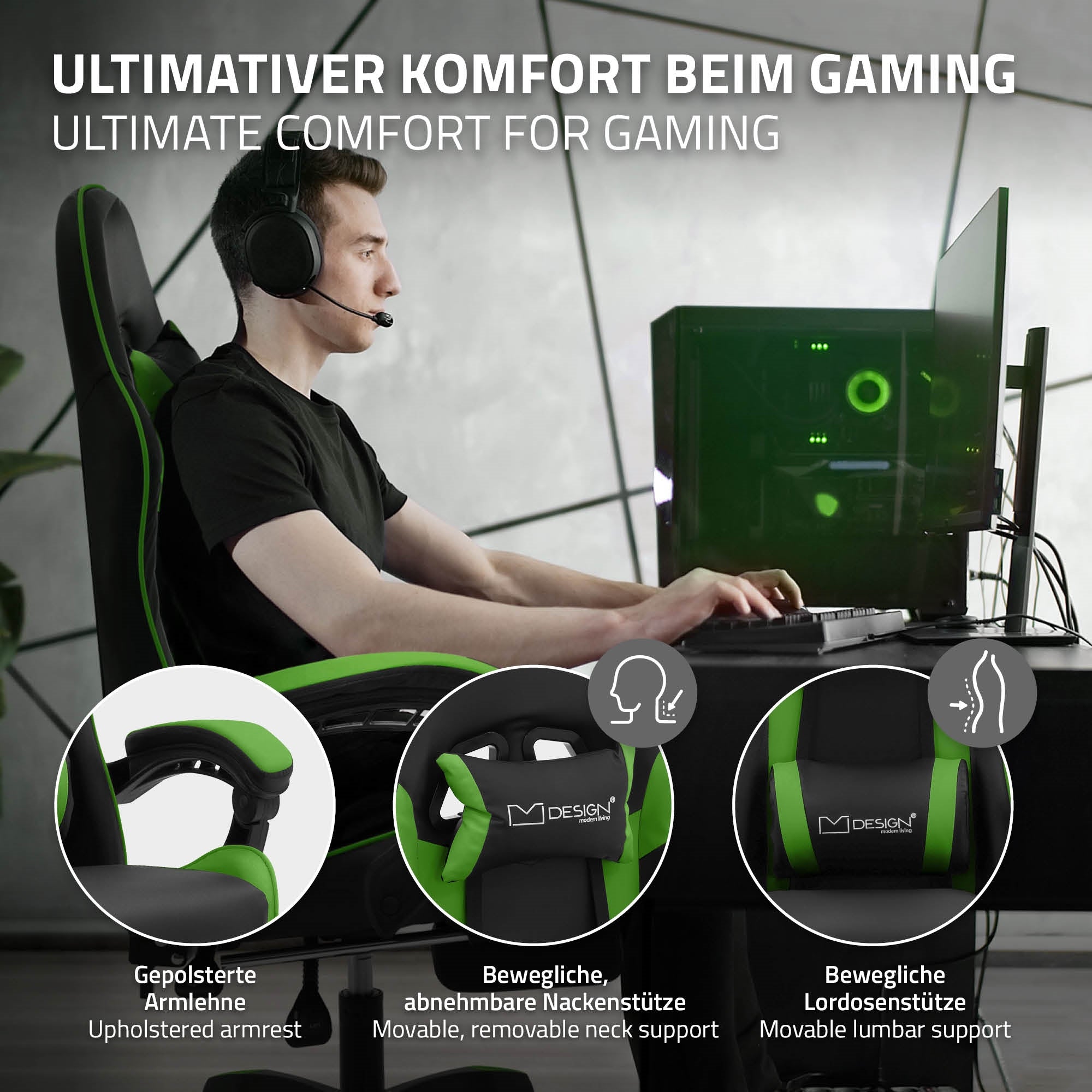 Person in Gaming-Stuhl mit Headset, Computer und grünen Akzenten im Hintergrund.