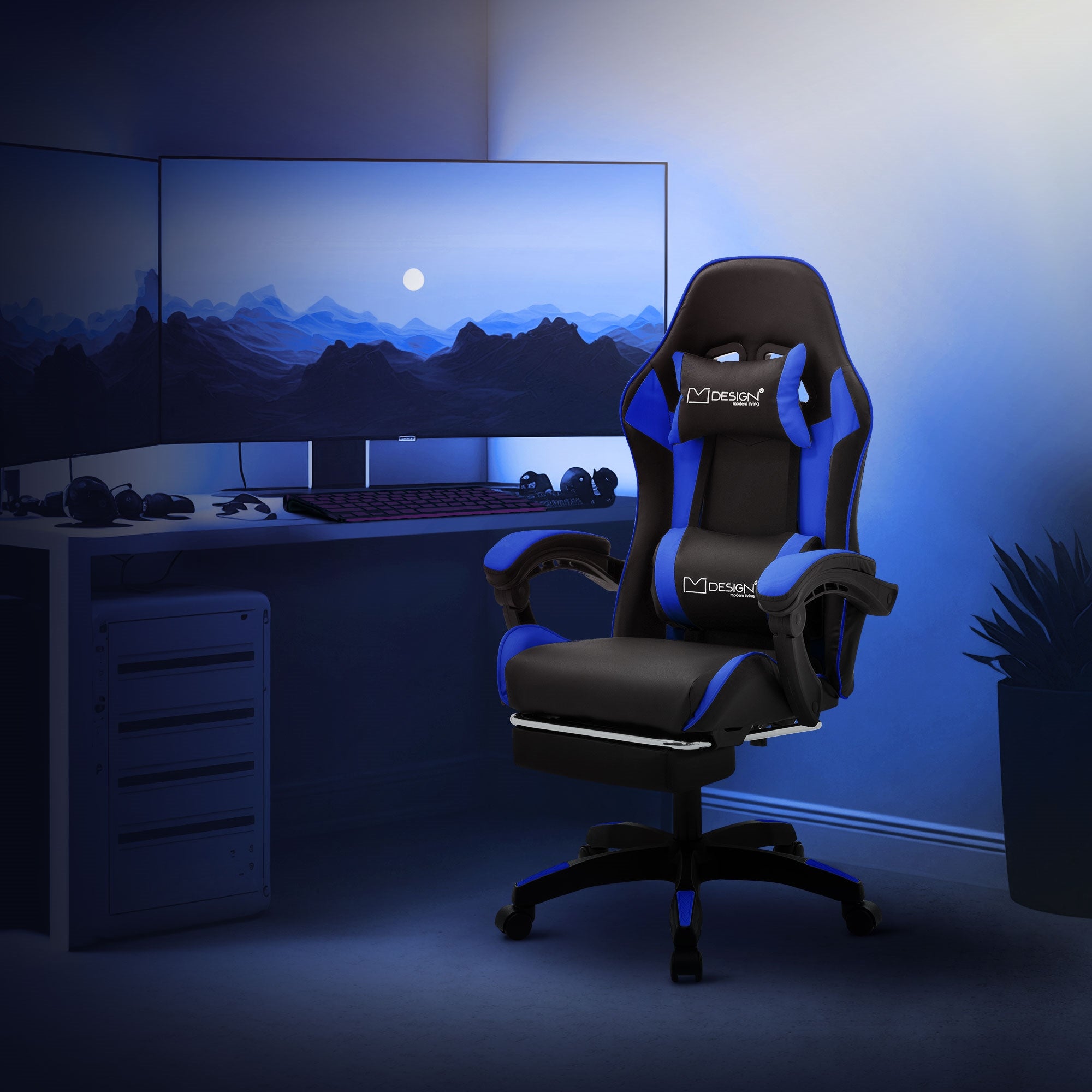 Schwarzer Gaming-Stuhl mit blauen Akzenten vor einem Computerbildschirm.
