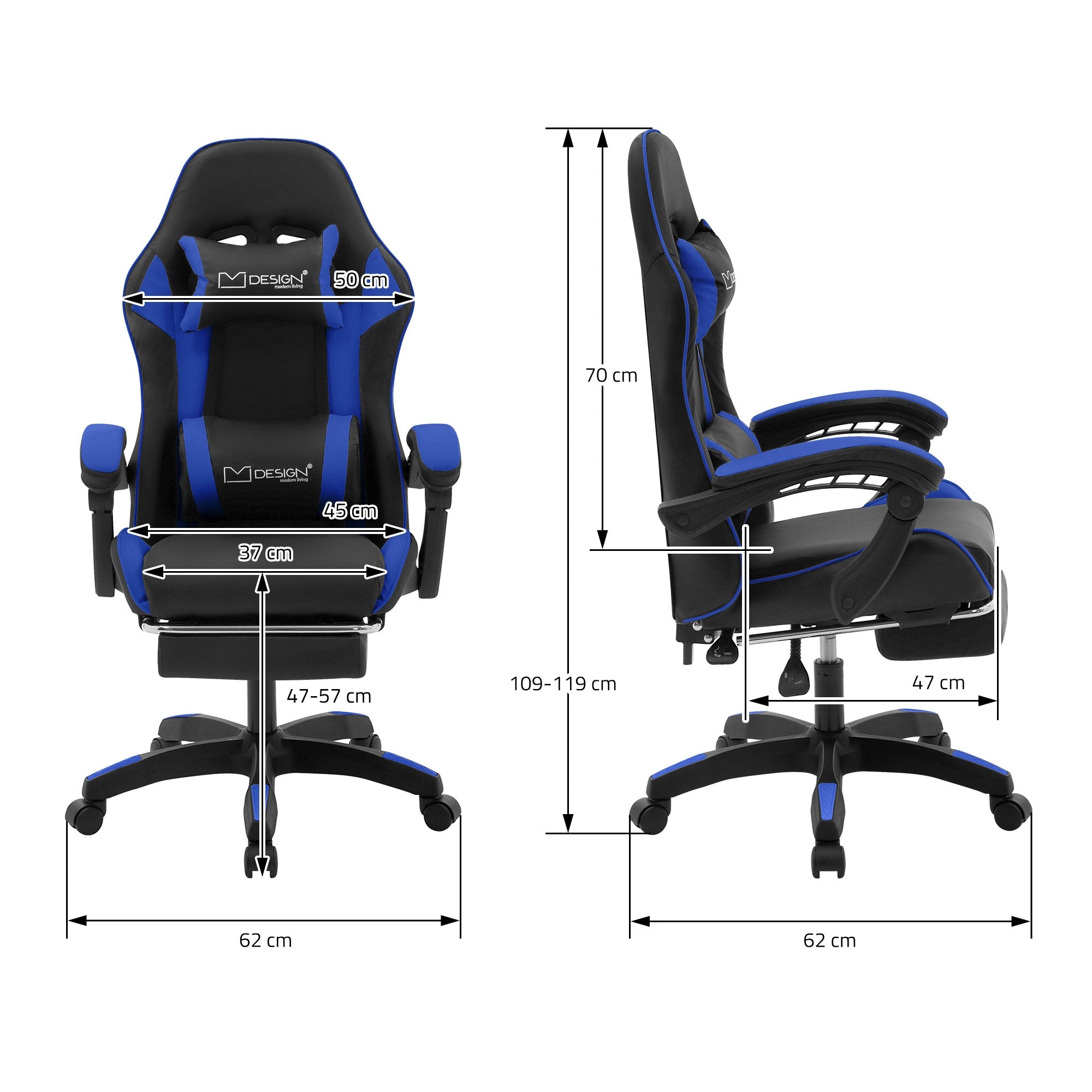 Maßzeichnung eines Gaming-Stuhls mit verschiedenen Abmessungen.