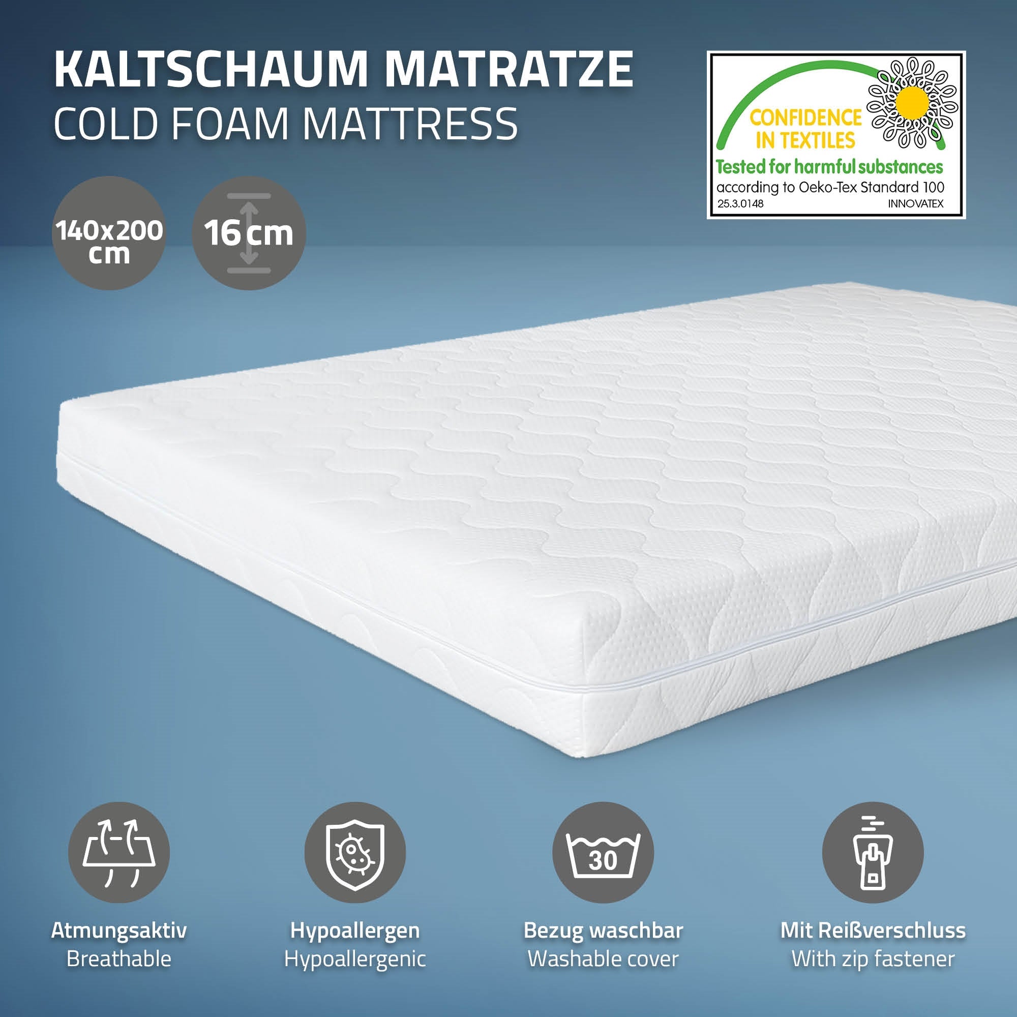 Kylmävaahtopatja, jossa on irrotettava päällinen ja vetoketju.