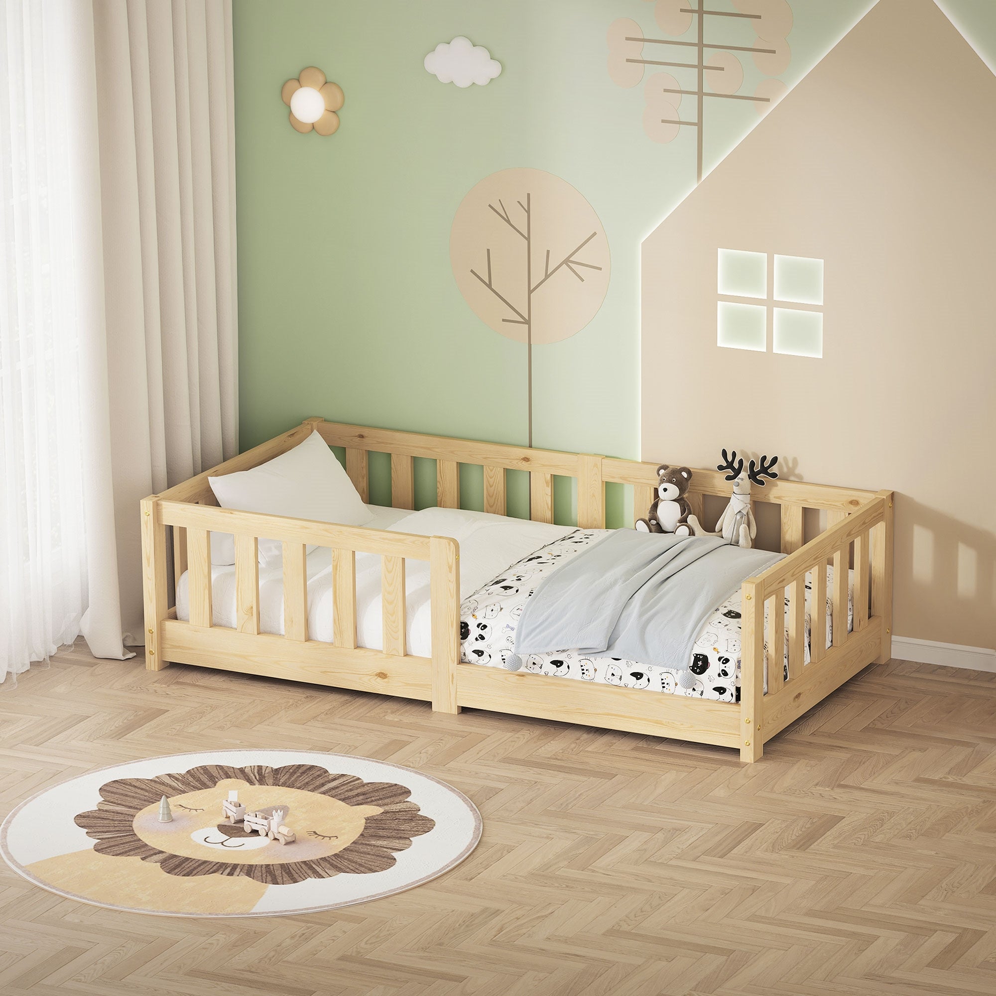 Letto con telaio in legno con biancheria da letto e giocattoli in una stanza decorata.