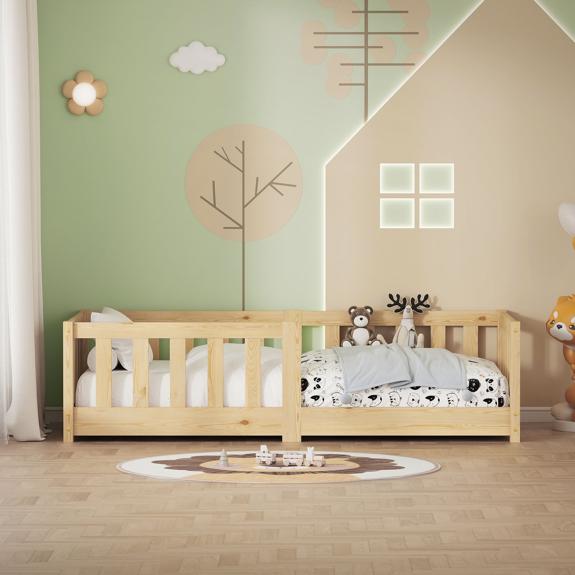 Camera dei bambini con letto in legno, giocattoli e decorazioni da parete.