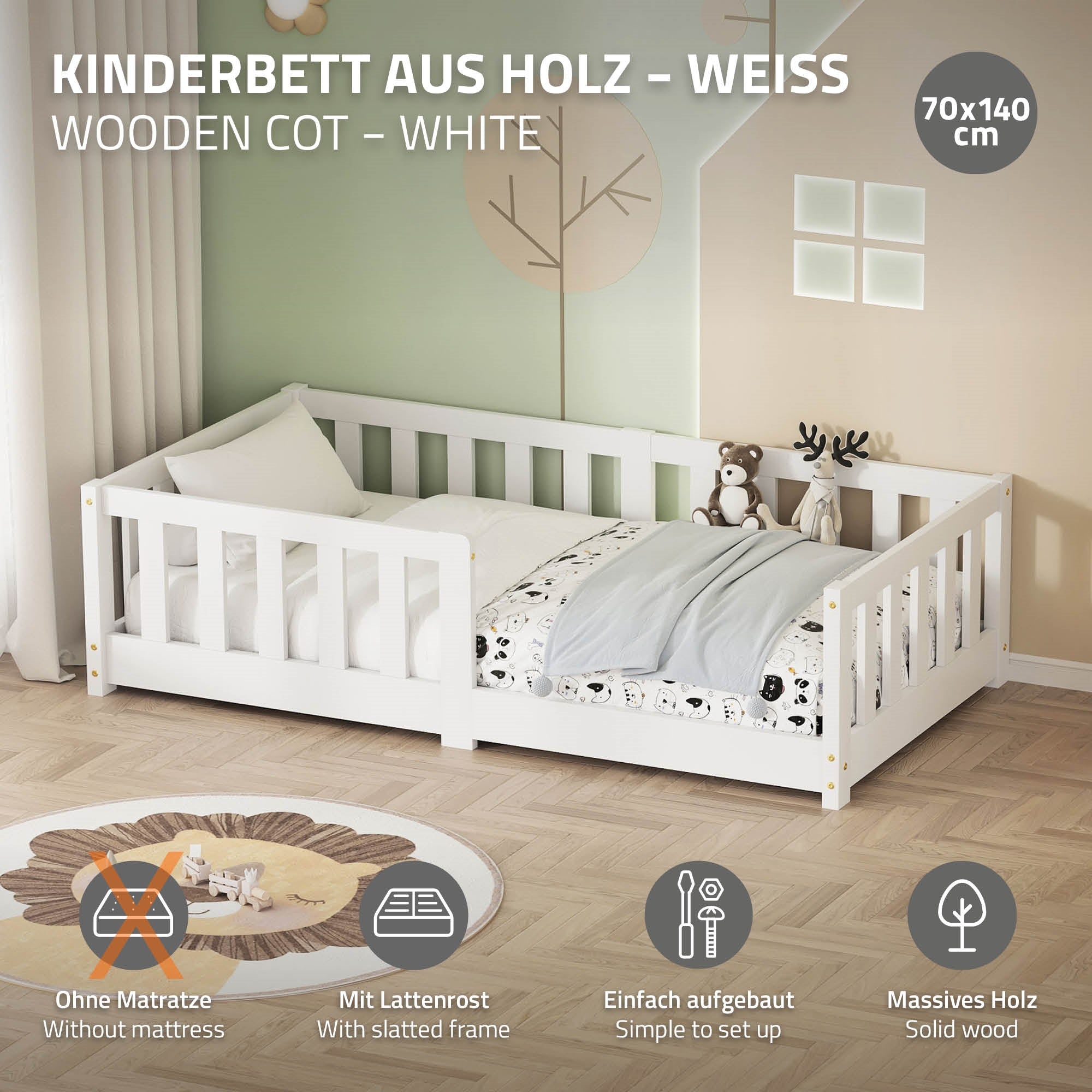 Weißes Kinderbett aus Holz mit Lattengestell.