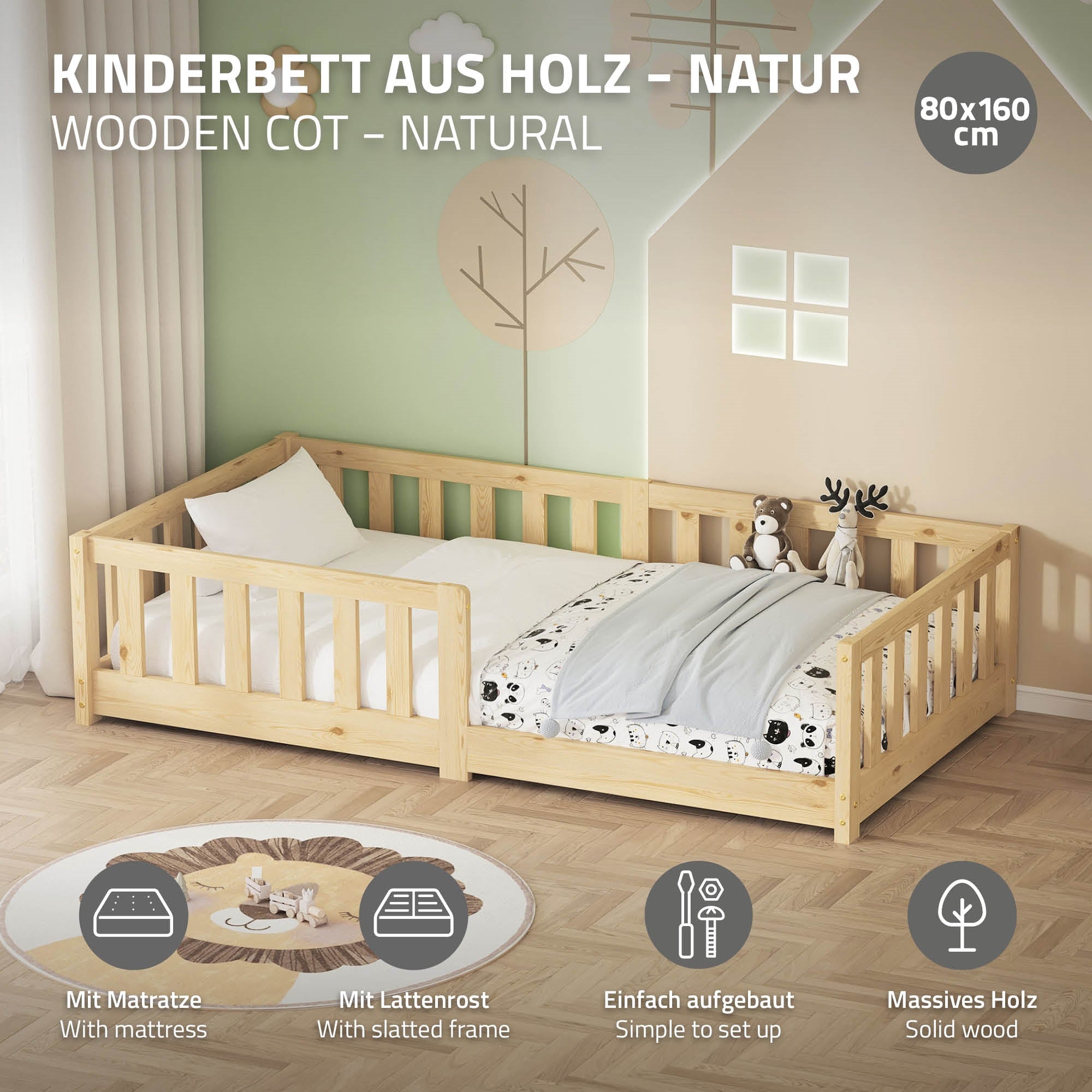 A wooden children's bed in a bright room with toys.