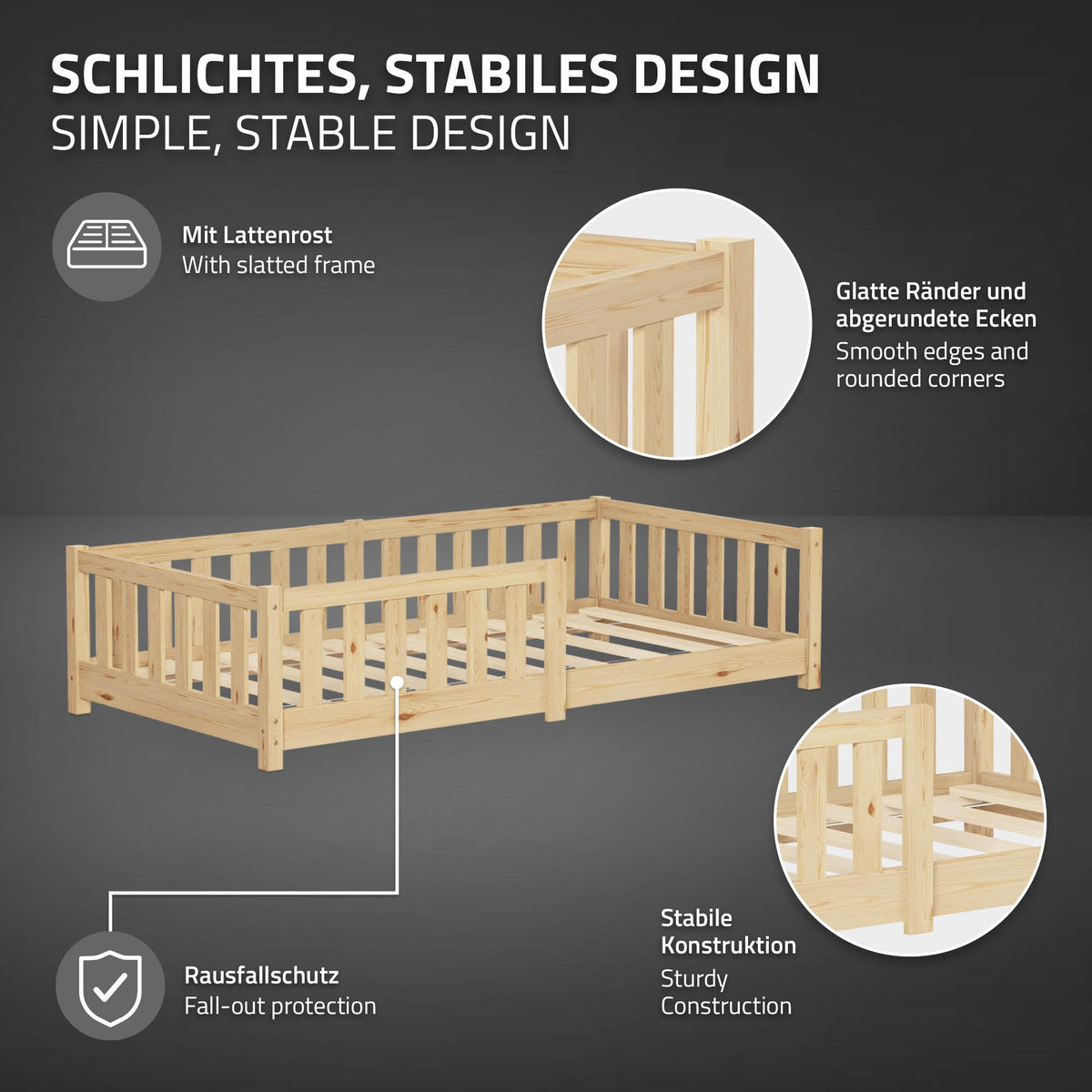 Bed with slatted frame and stable construction.