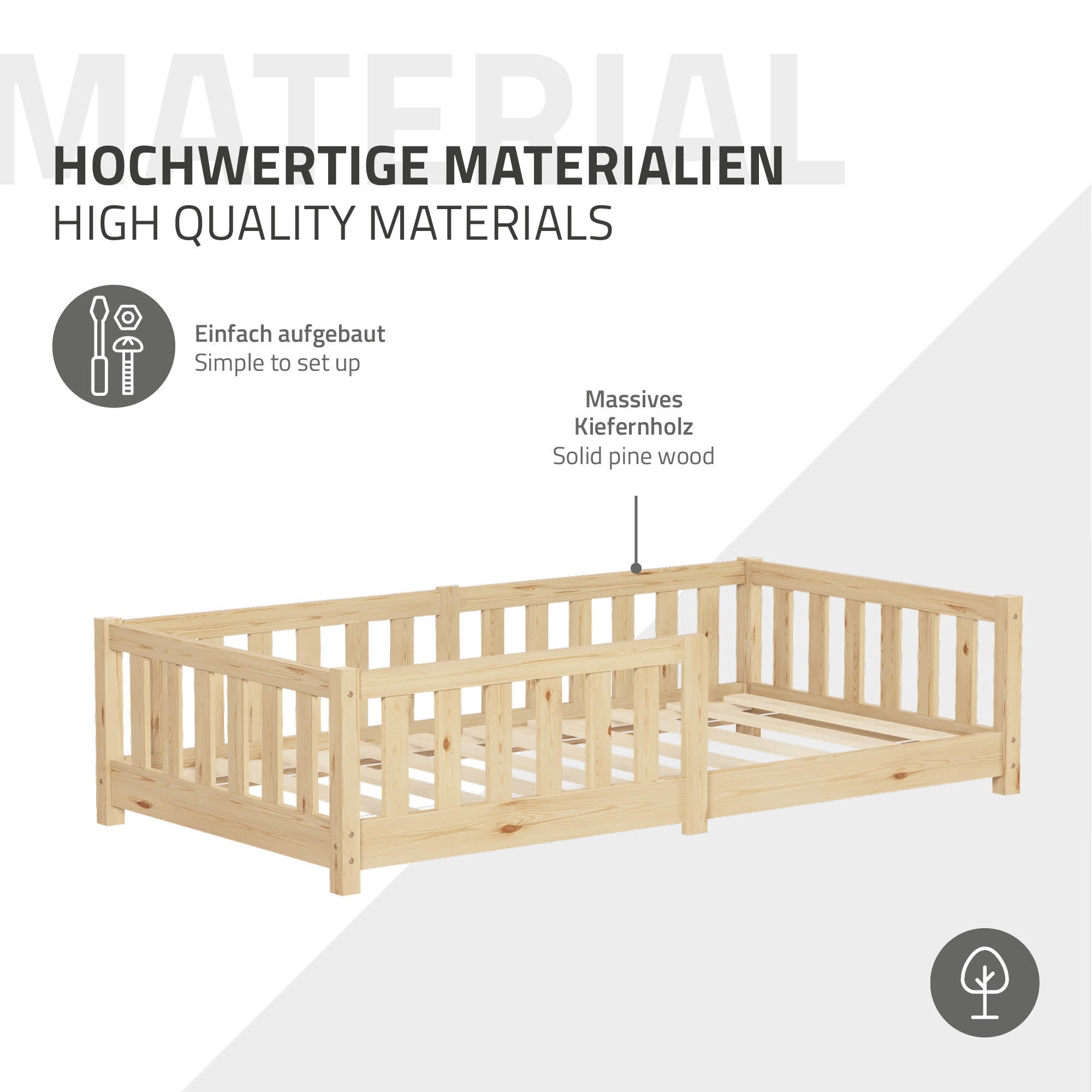 A children's bed made of solid pine wood, easy to assemble.
