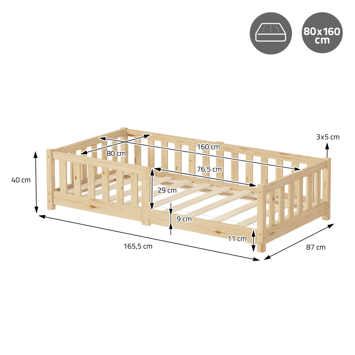 Wooden frame bed with dimensions and measurements.