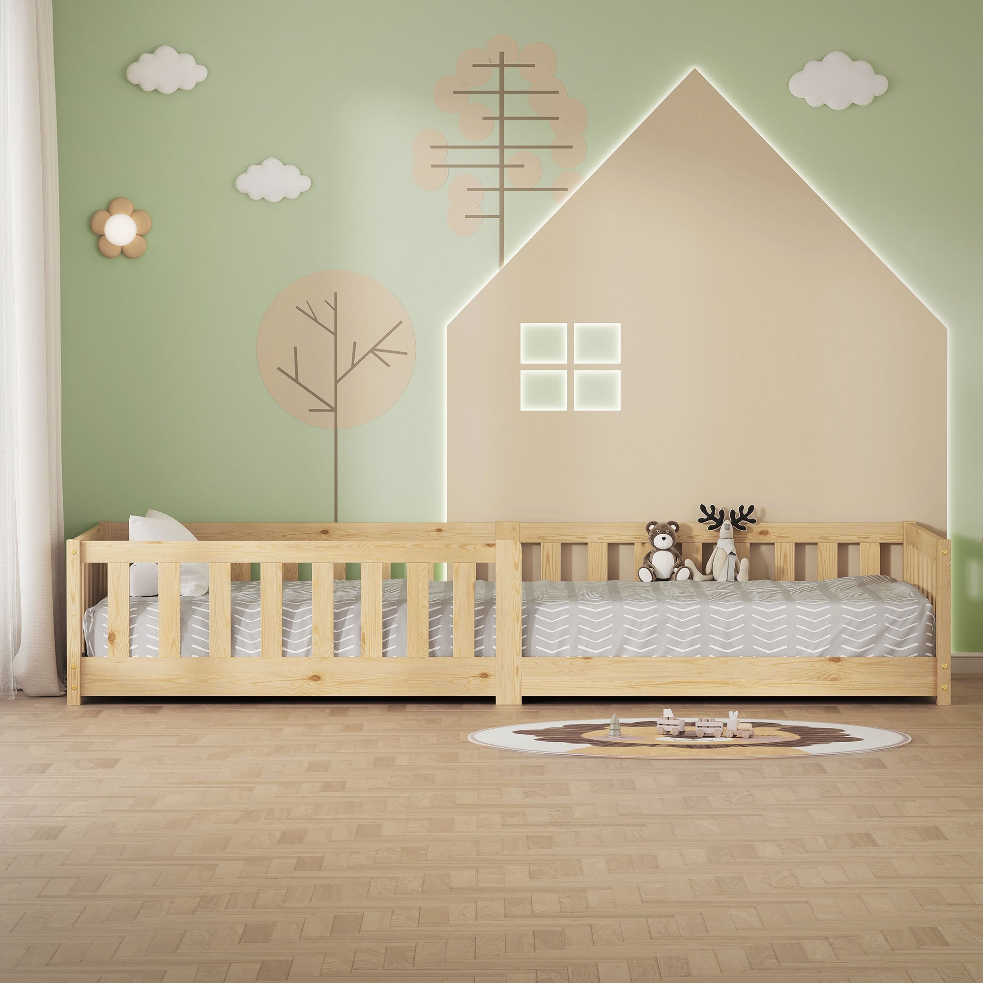 Letto in legno con materasso in una stanza con parete verde e decorazioni.