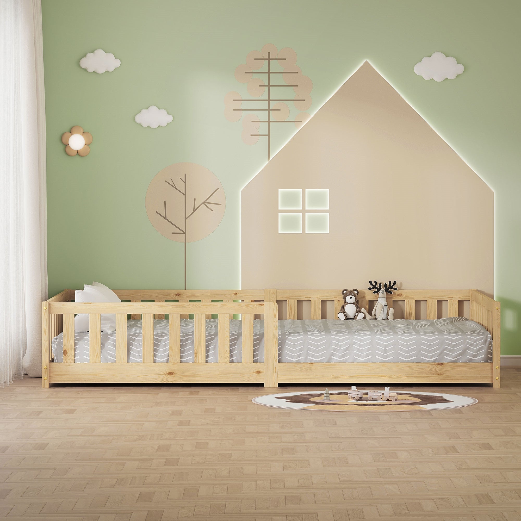 Chambre avec lit à cadre en bois, jouets et décoration murale.