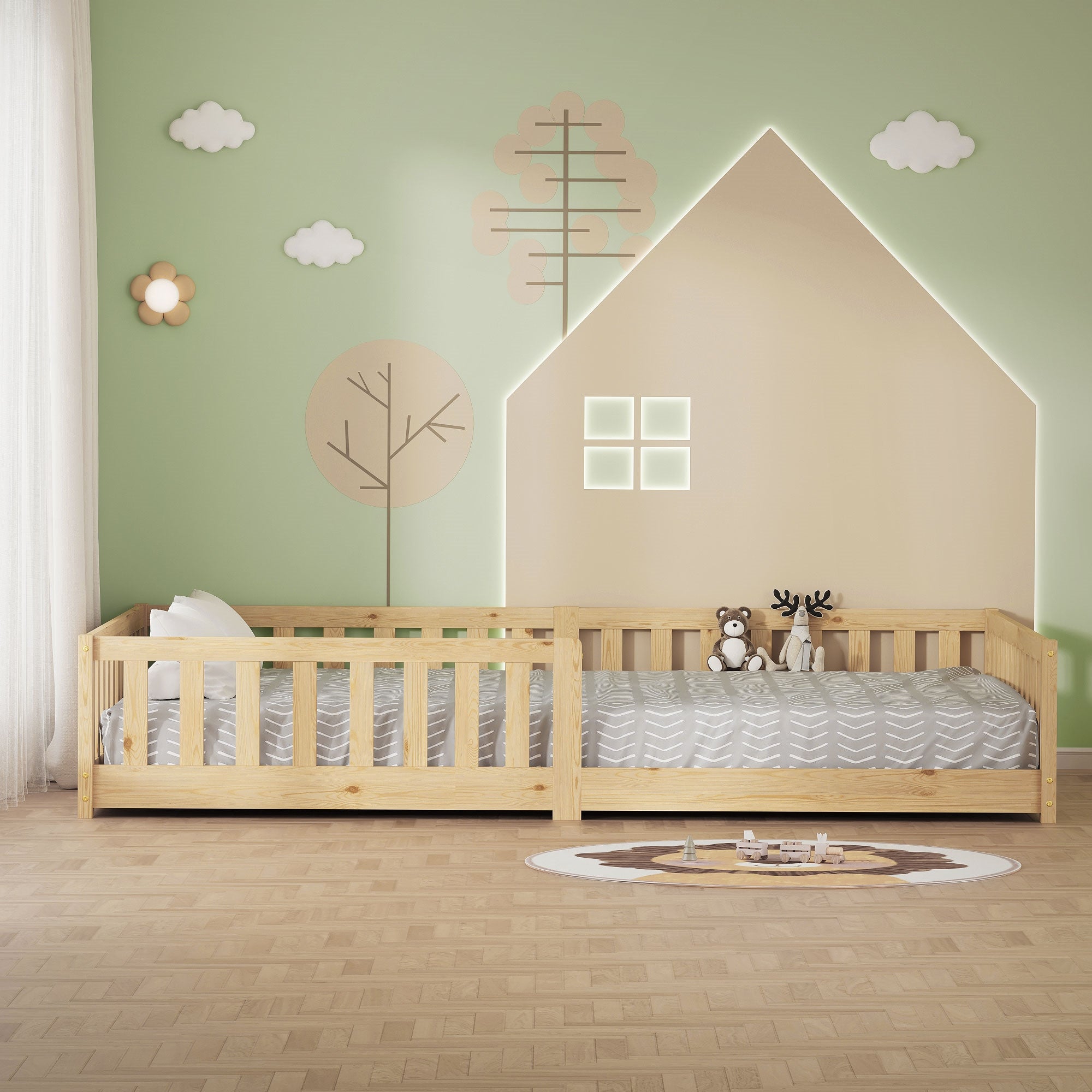 Lit d'enfant dans une pièce avec des jouets et une décoration murale.