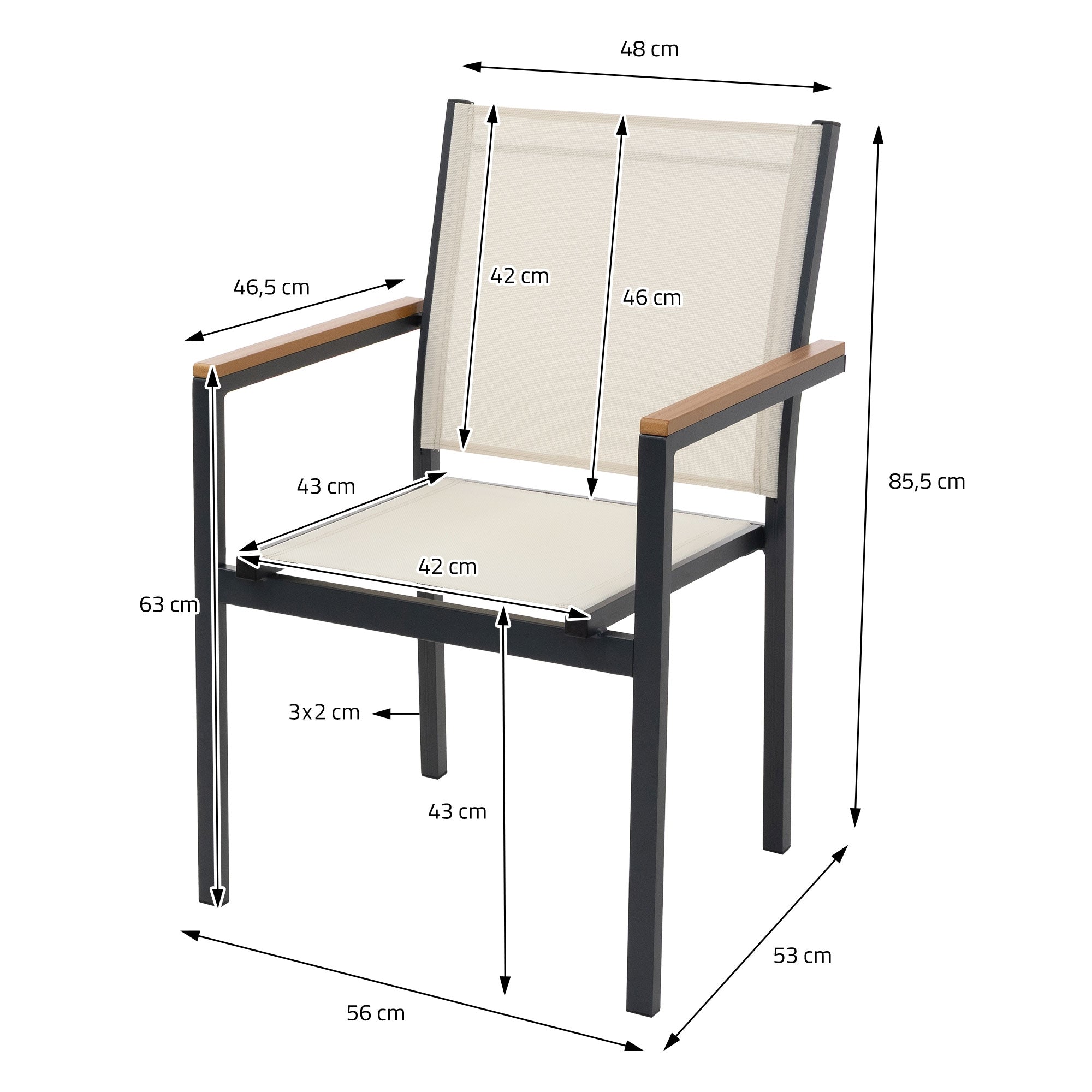 Disegno dimensionale di una sedia con misure in centimetri.