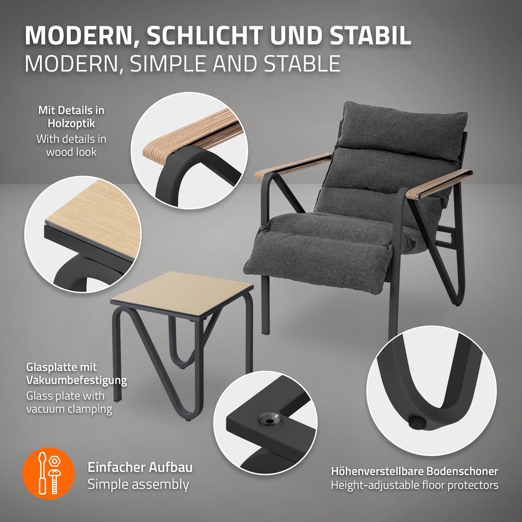 Moderner Sessel und Tisch mit Holzoptik und Maßangaben.