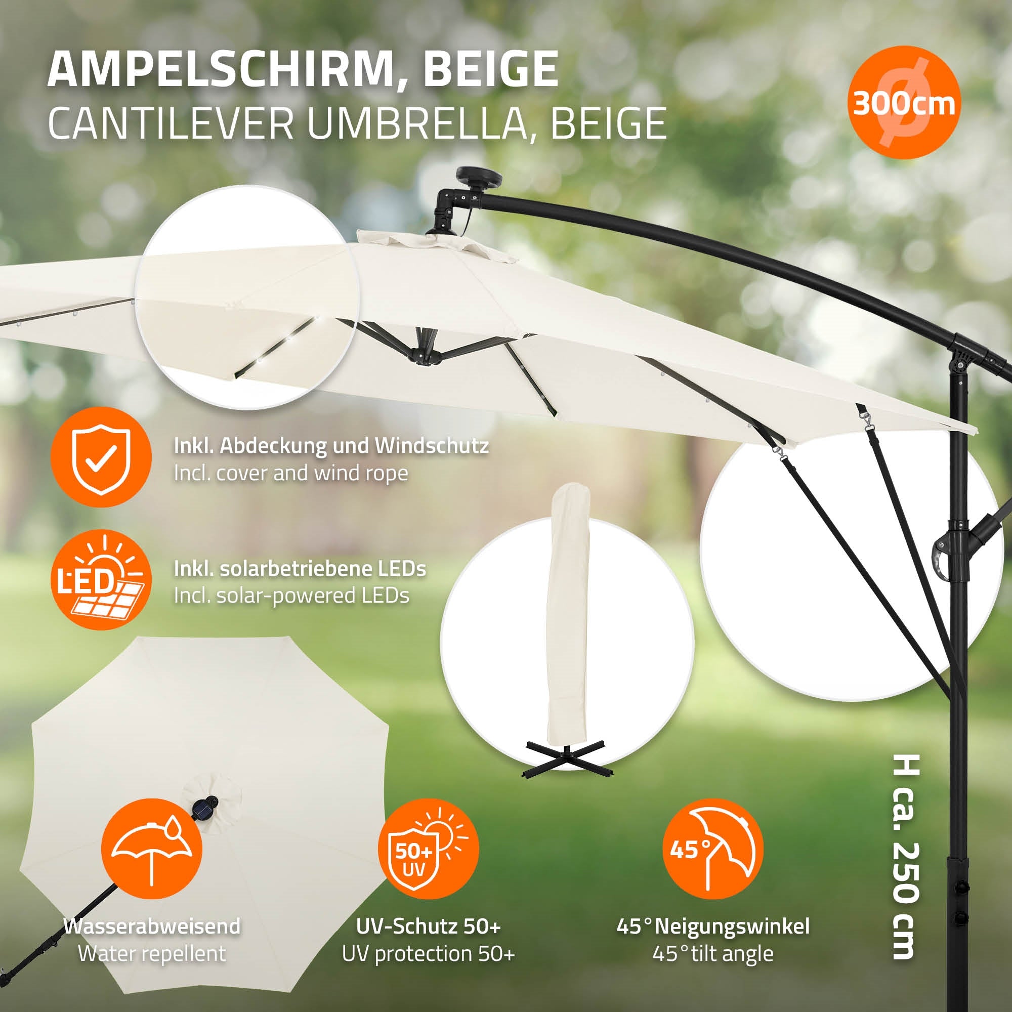 Ombrellone beige con protezione UV 50+, incluso copertura e protezione dal vento.