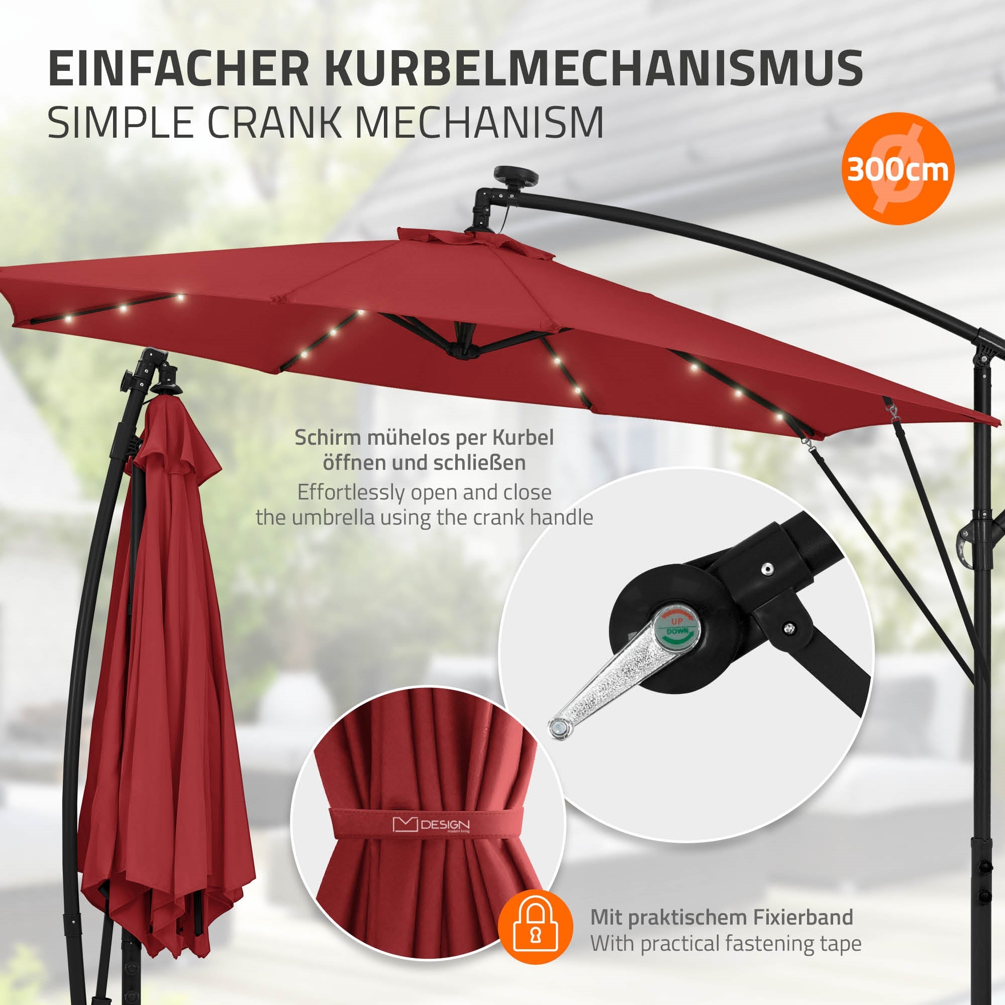 Parasol met een krukmechanisme en bevestigingsband.