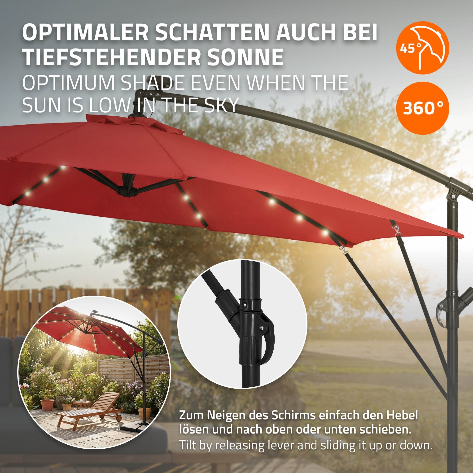 Rode parasol met LED-verlichting, draaibaar en kantelbaar, op een tuinplaats.