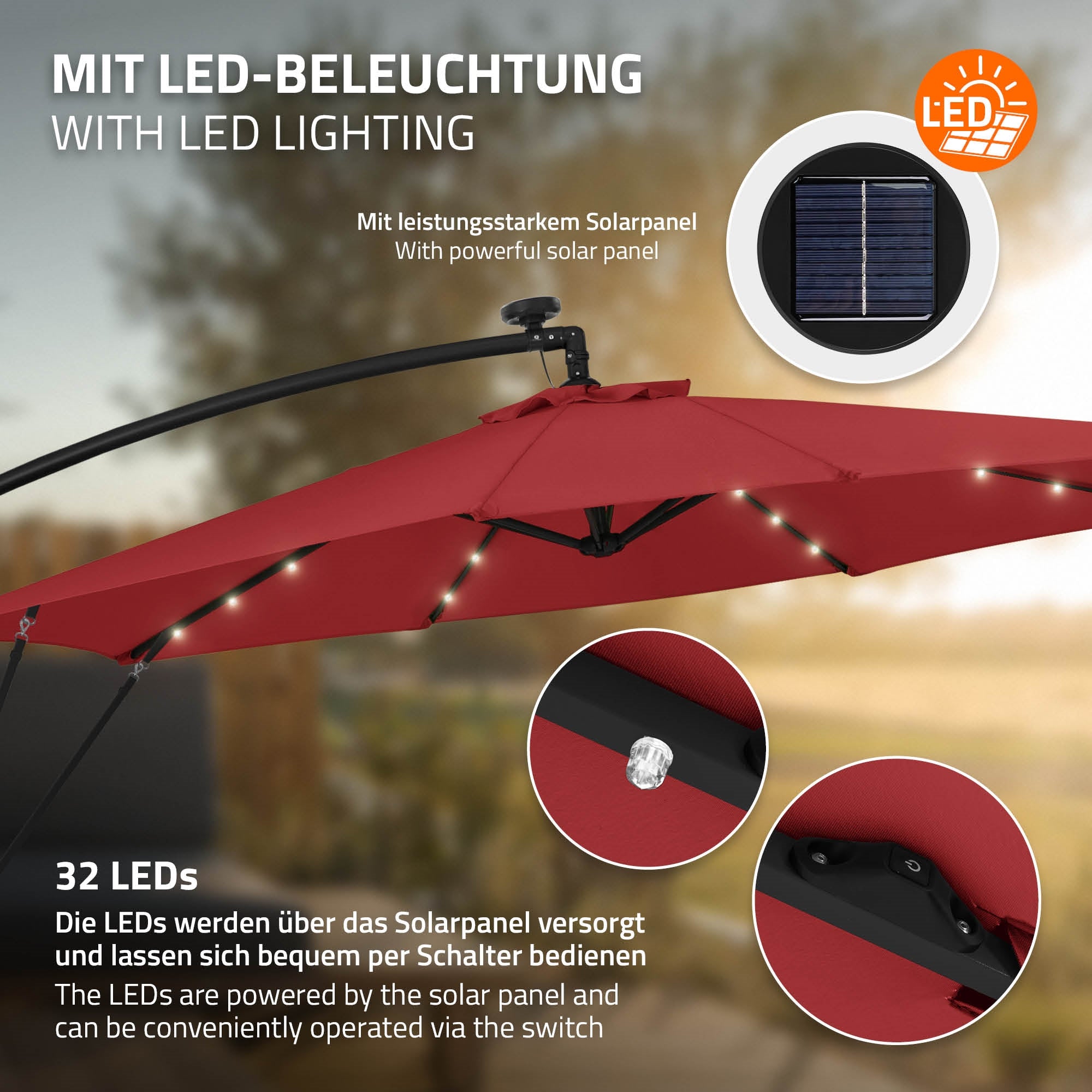 Rode parasol met LED-verlichting, 32 LEDs, zonne-energie, schakelaar voor bediening.
