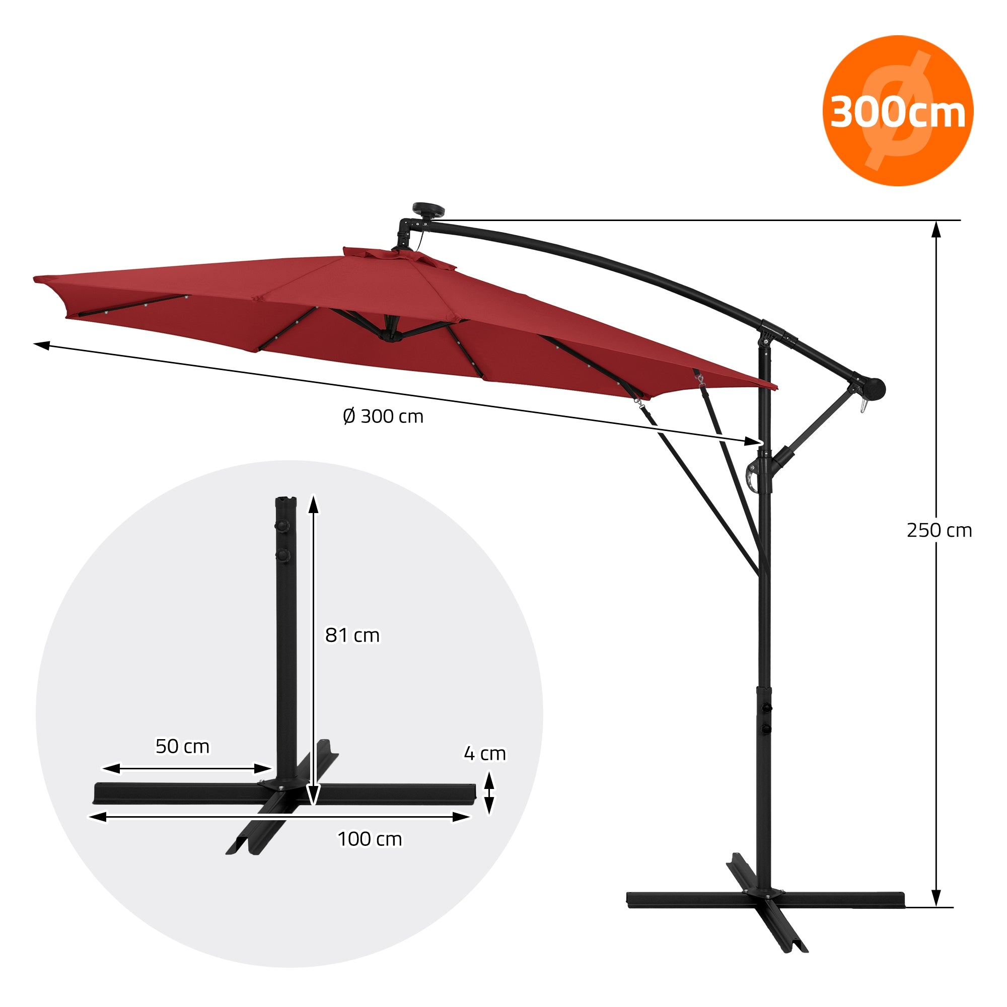 Grafiek van een parasol met afmetingen en details.