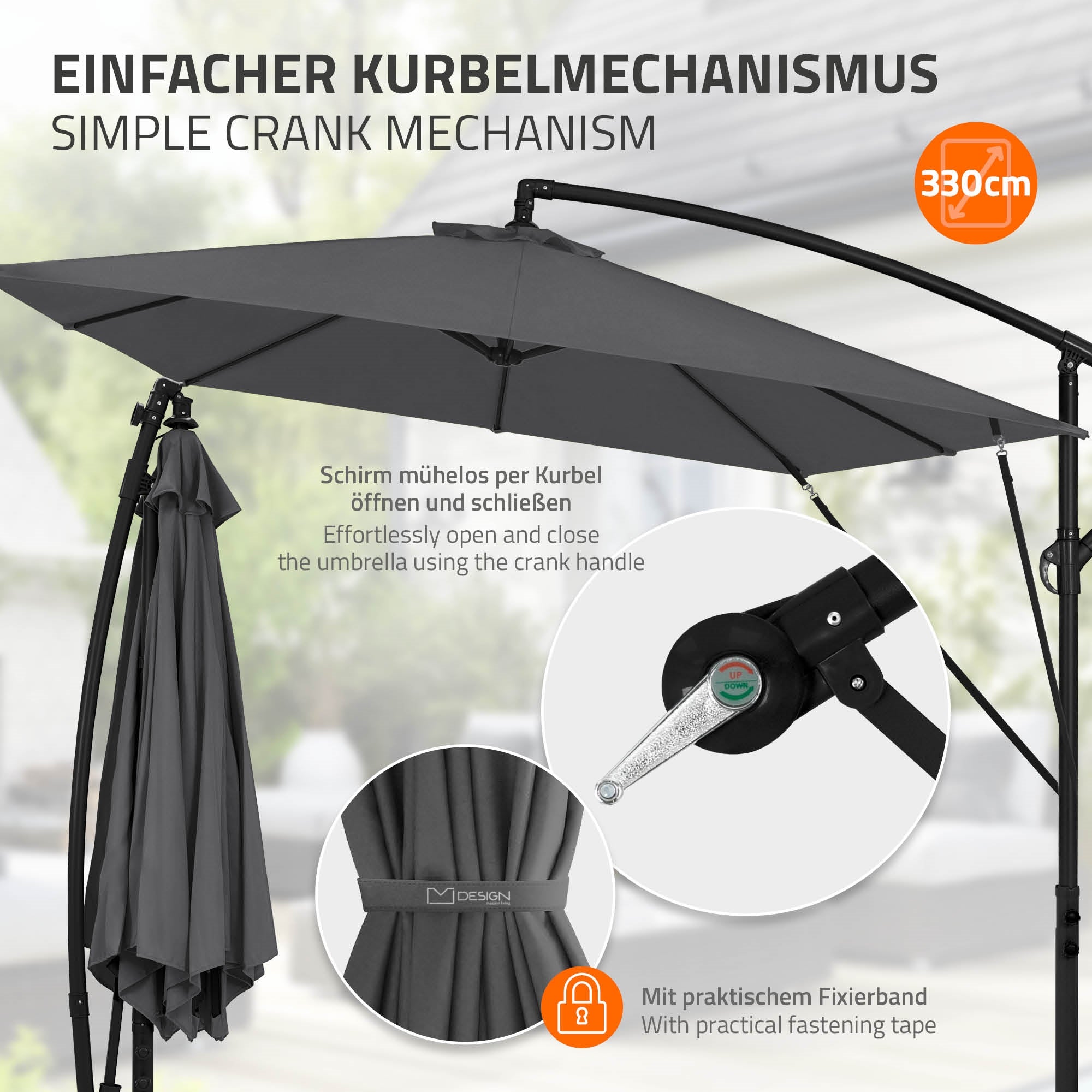 Sonnenschirm mit Kurbelmechanismus und Fixierband.
