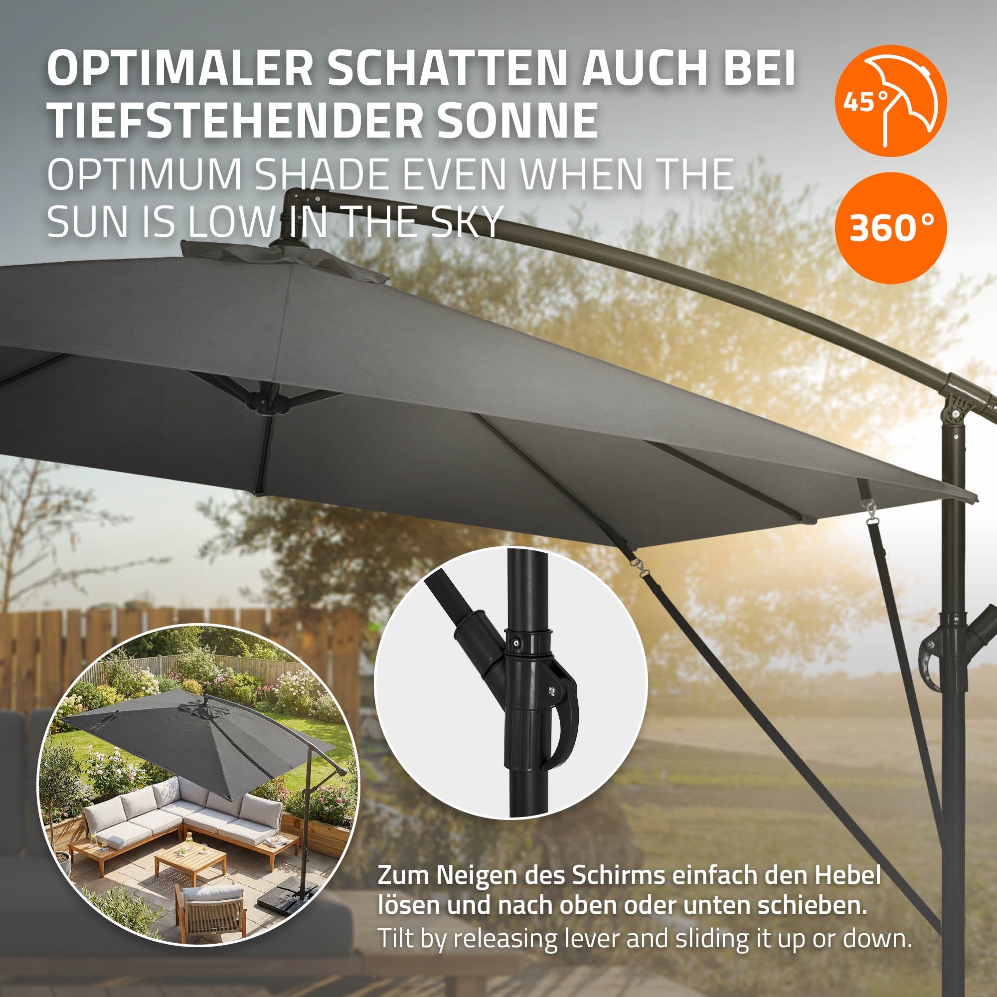 Ampelschirm mit Neigungsmechanismus für optimalen Schatten.