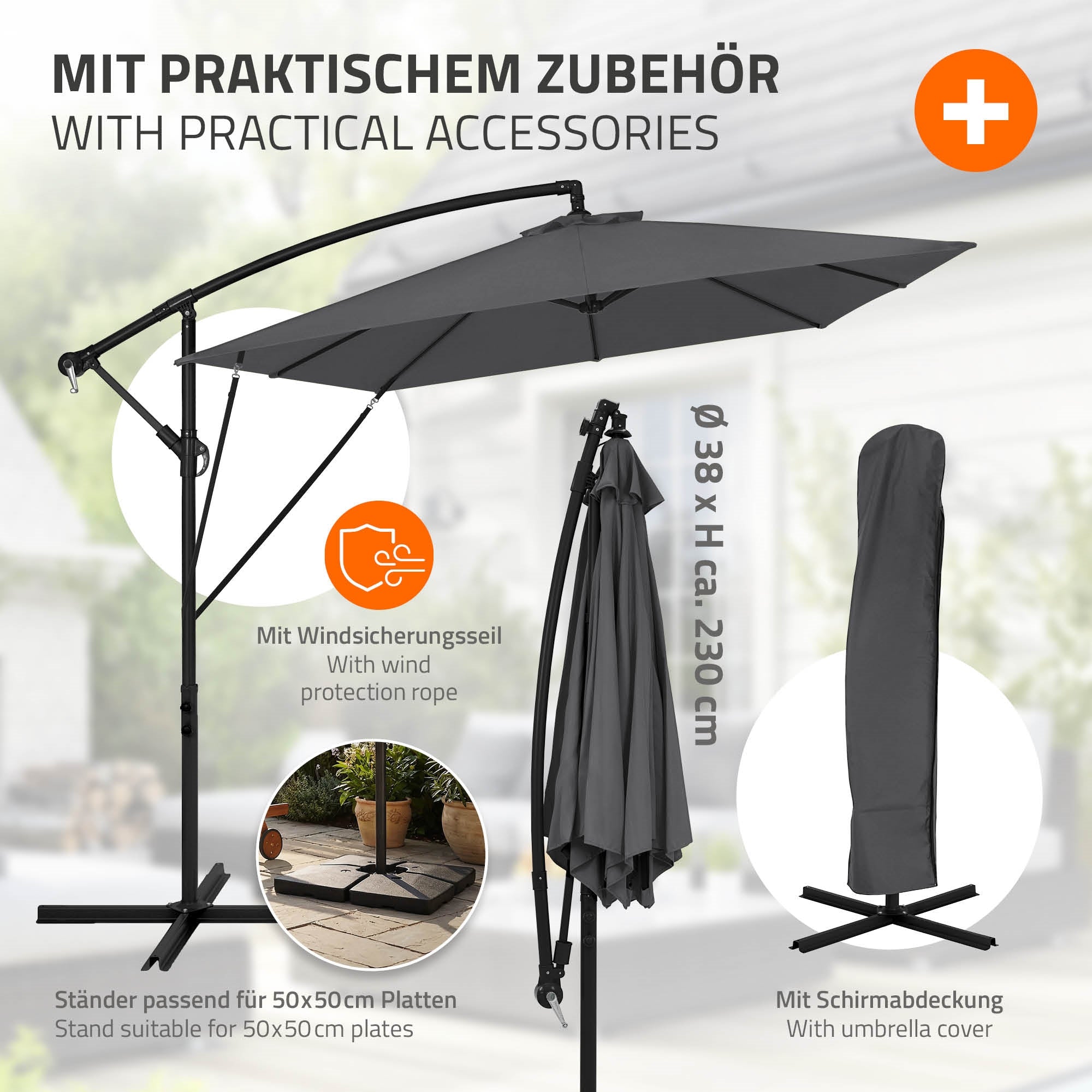 Schirm mit Zubehör, Windschutzseil und Schirmabdeckung, schwarzer Farbton.