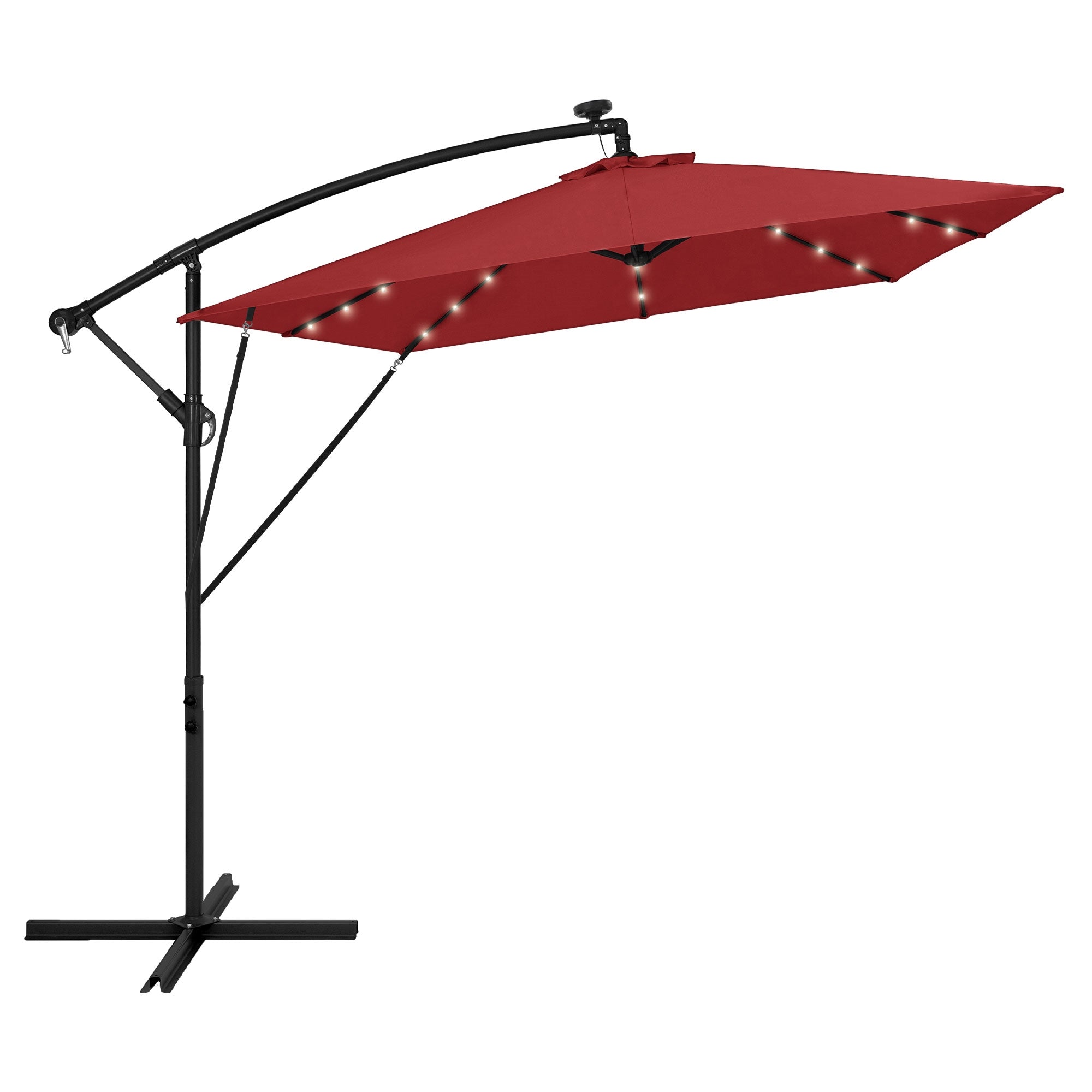 Ombrellone rosso con illuminazione, montato su una struttura stabile.