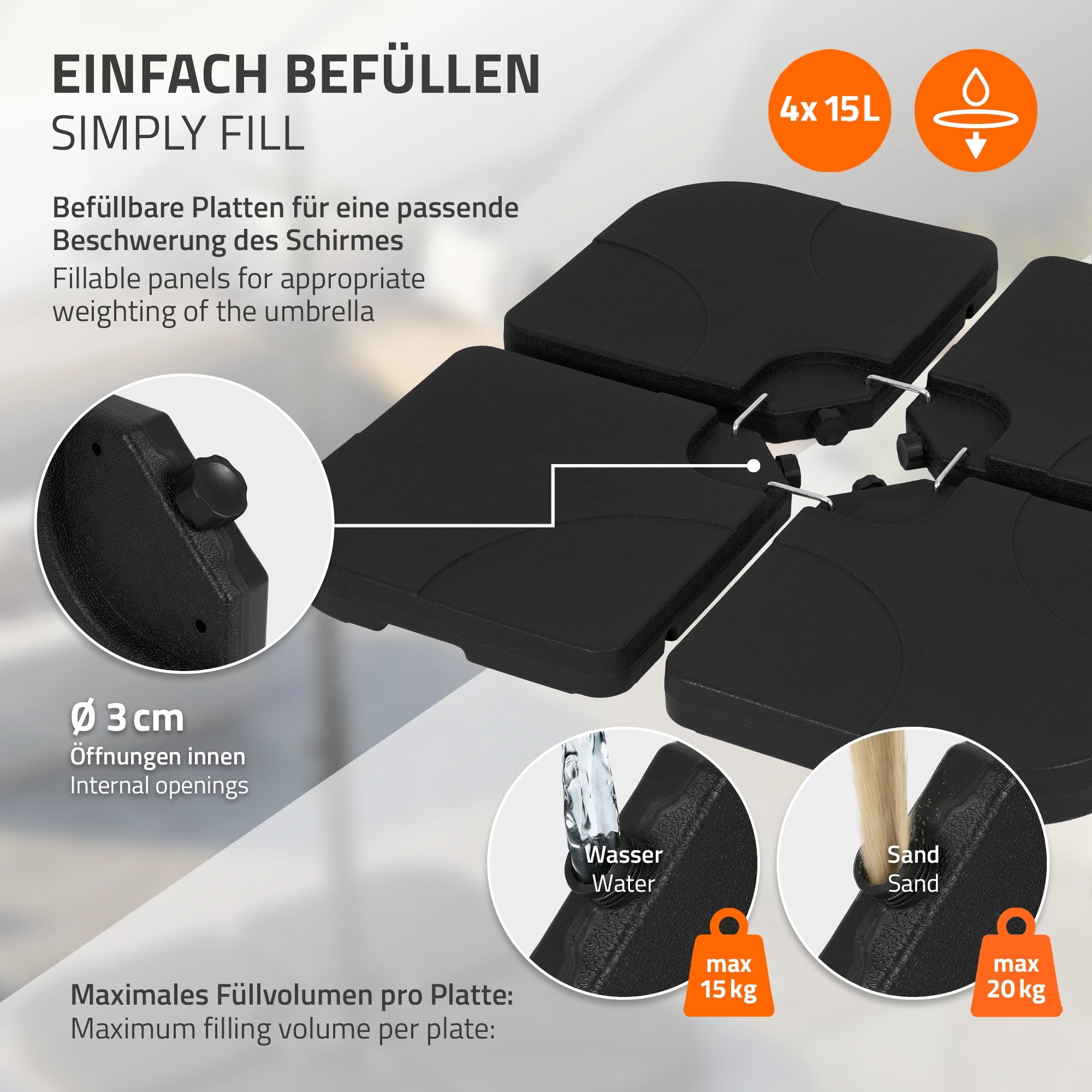 Schwarze, befüllbare Platten mit Öffnungen zur Beschwerung eines Schirms.