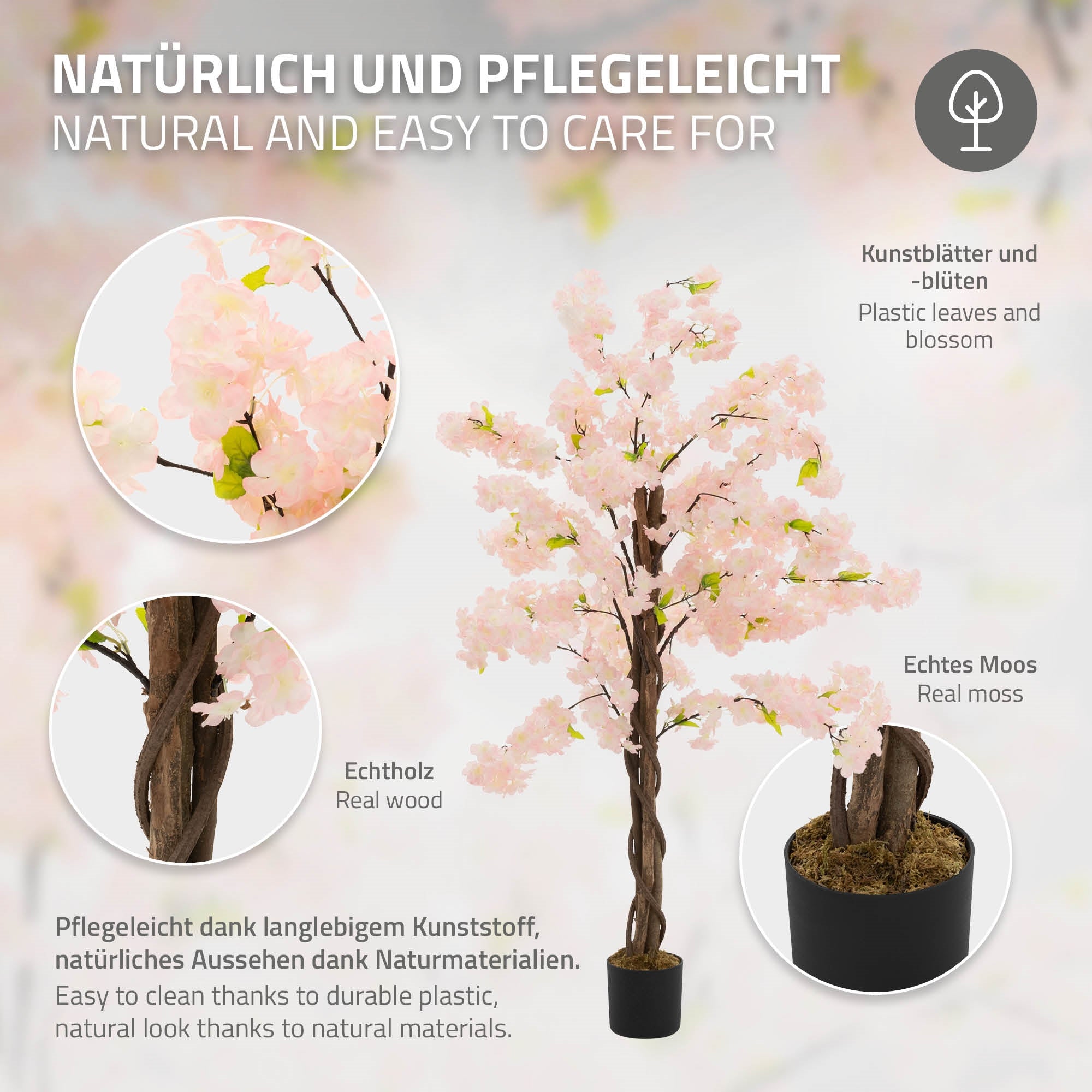 Kunstbaum mit rosa Blüten, pflegeleicht, aus langlebigem Kunststoff, echtes Moos.
