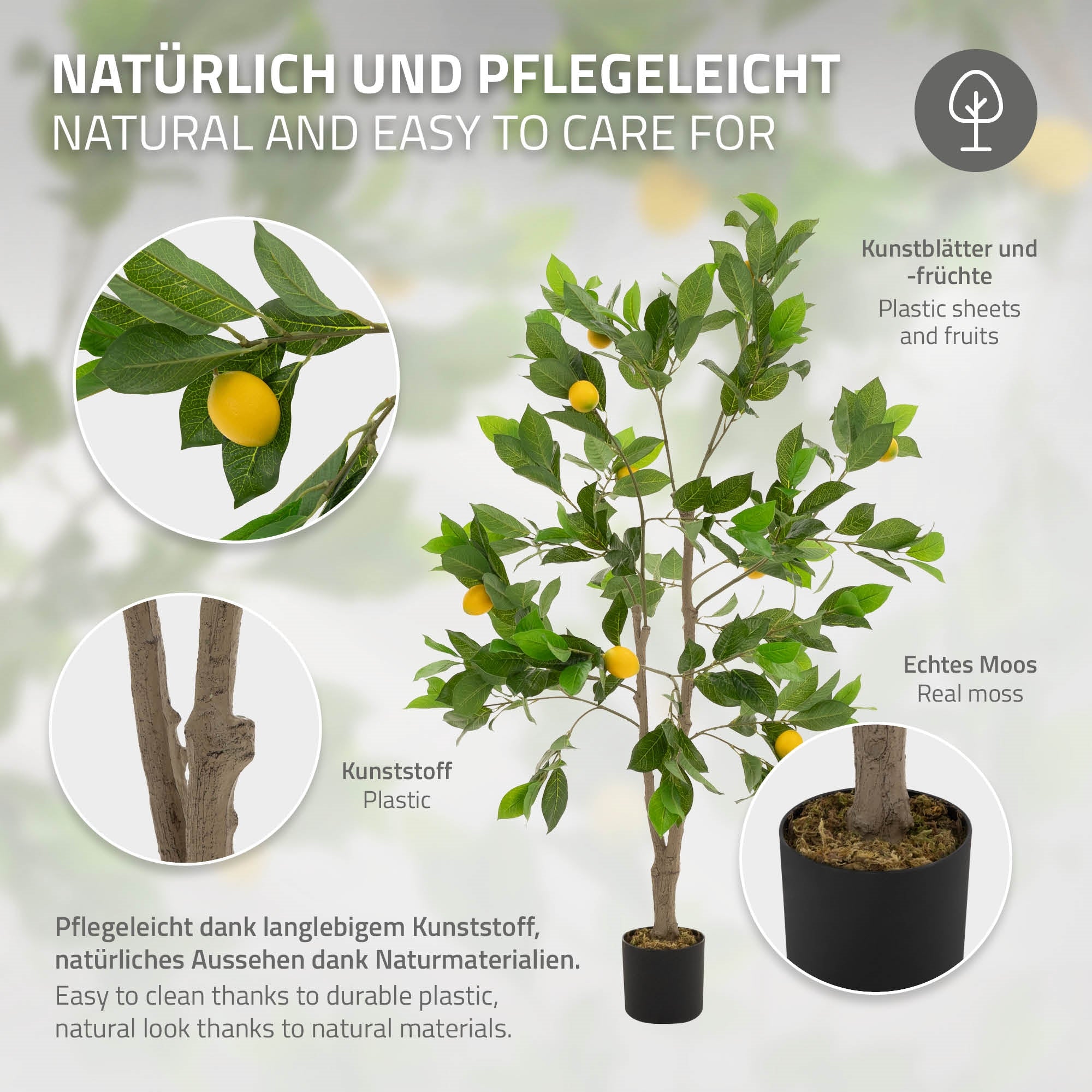 Arbre artificiel avec des fruits jaunes, des feuilles artificielles et de la vraie mousse dans le pot.