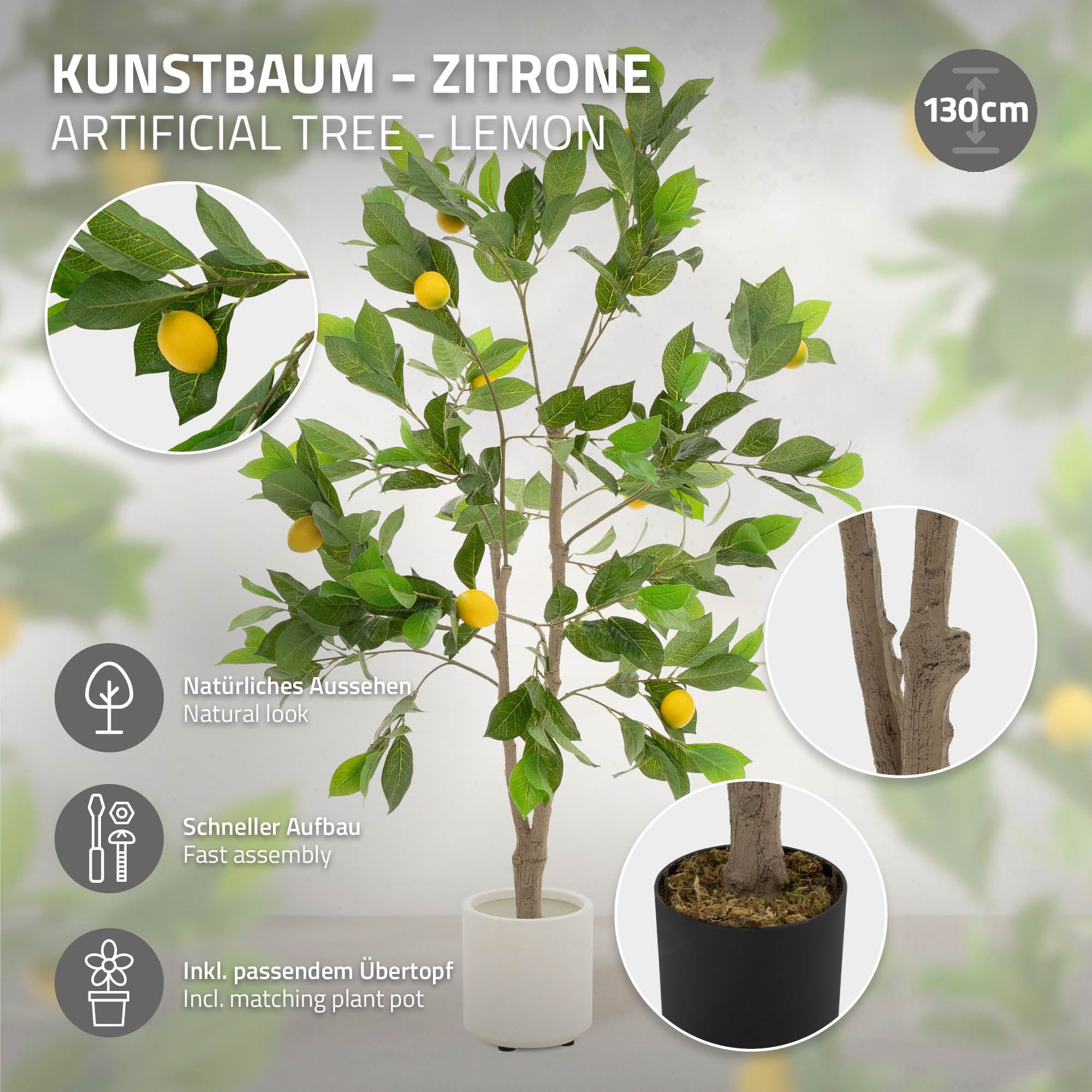 Arbre artificiel avec des citrons, 130 cm de haut, dans un pot blanc, avec des informations sur la construction.