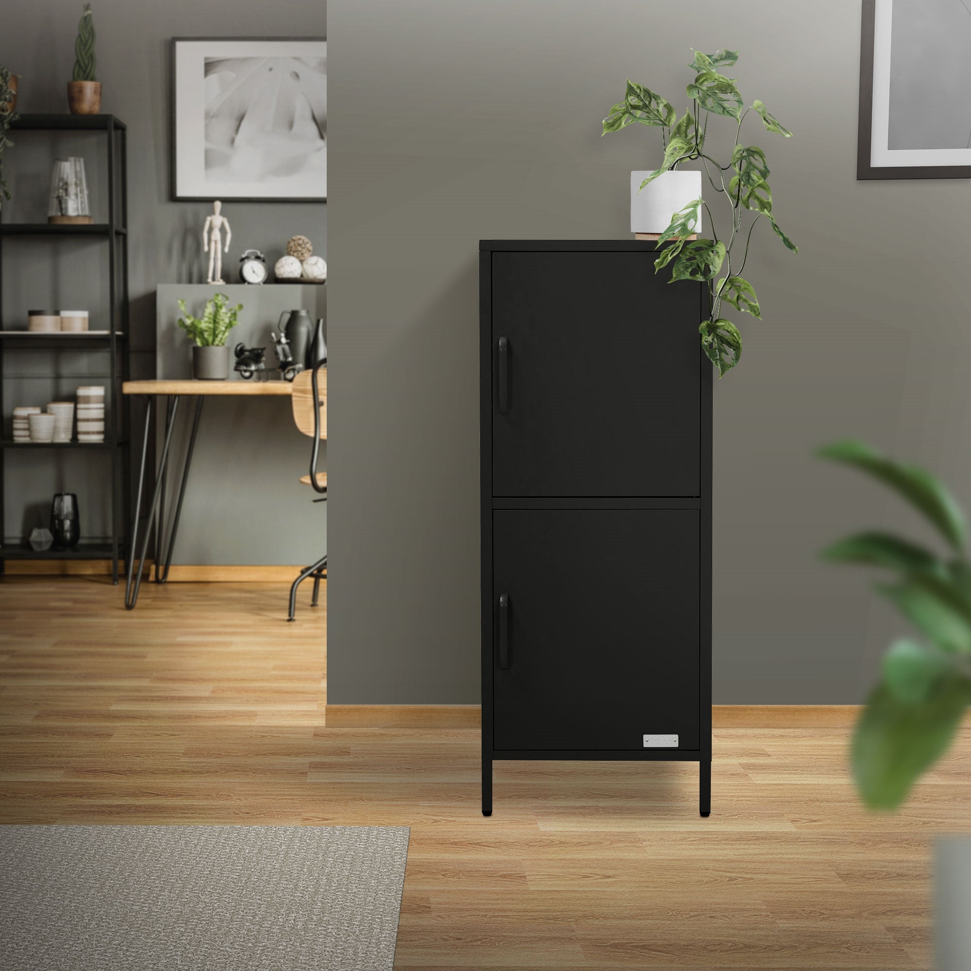Ein schwarzer Aktenschrank in einem Raum mit Pflanzen und einem Regal.