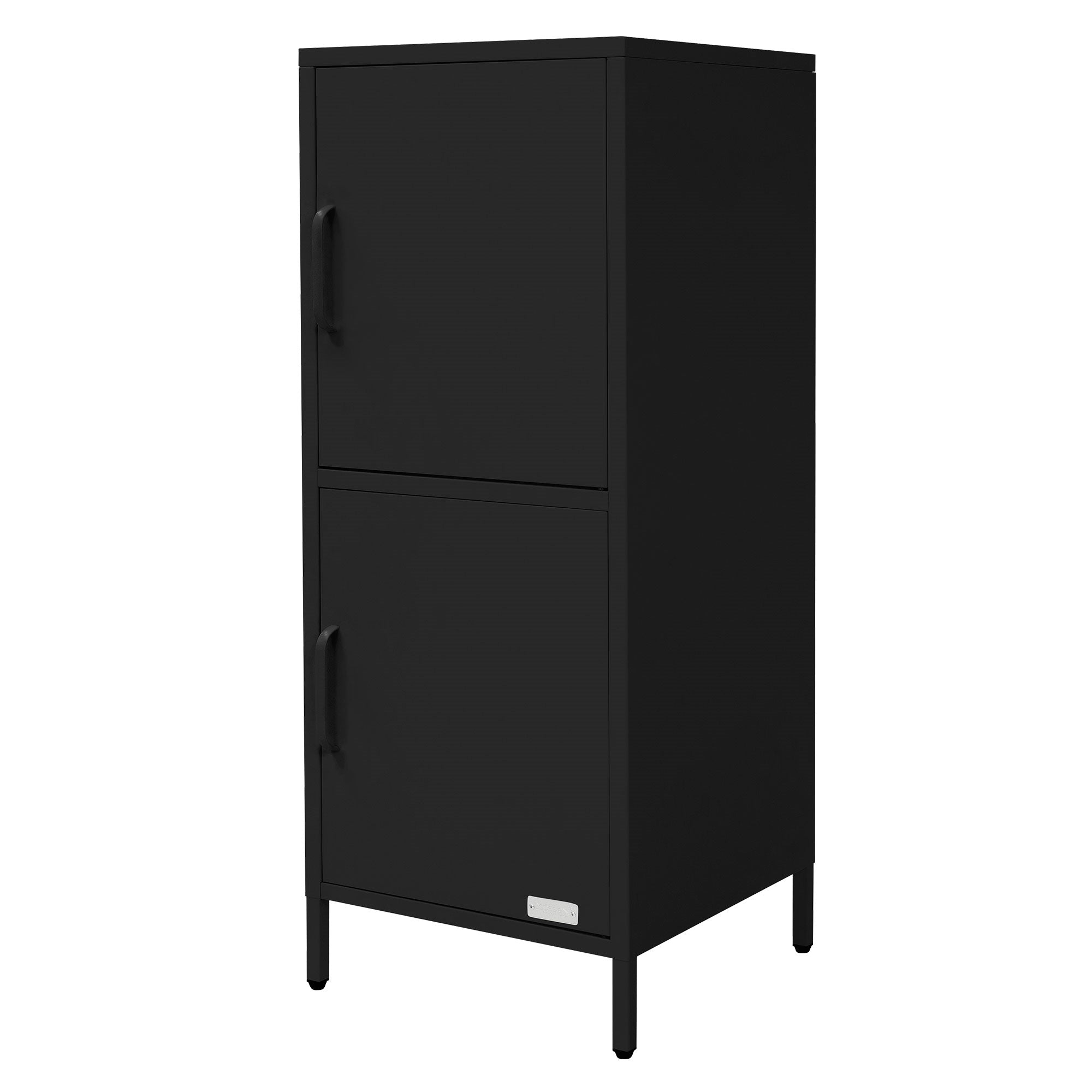 Schwarzer Schrank mit zwei Türen und einem oberen und unteren Fach.