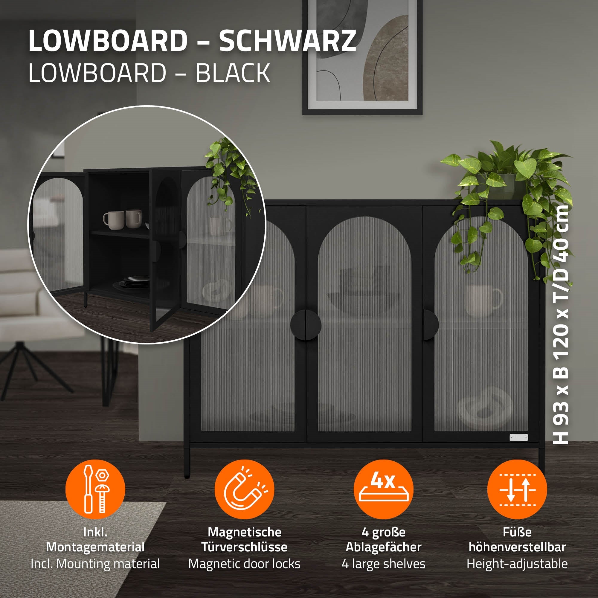 Ein schwarzes Lowboard mit vier großen Fächern und verstellbaren Füßen.