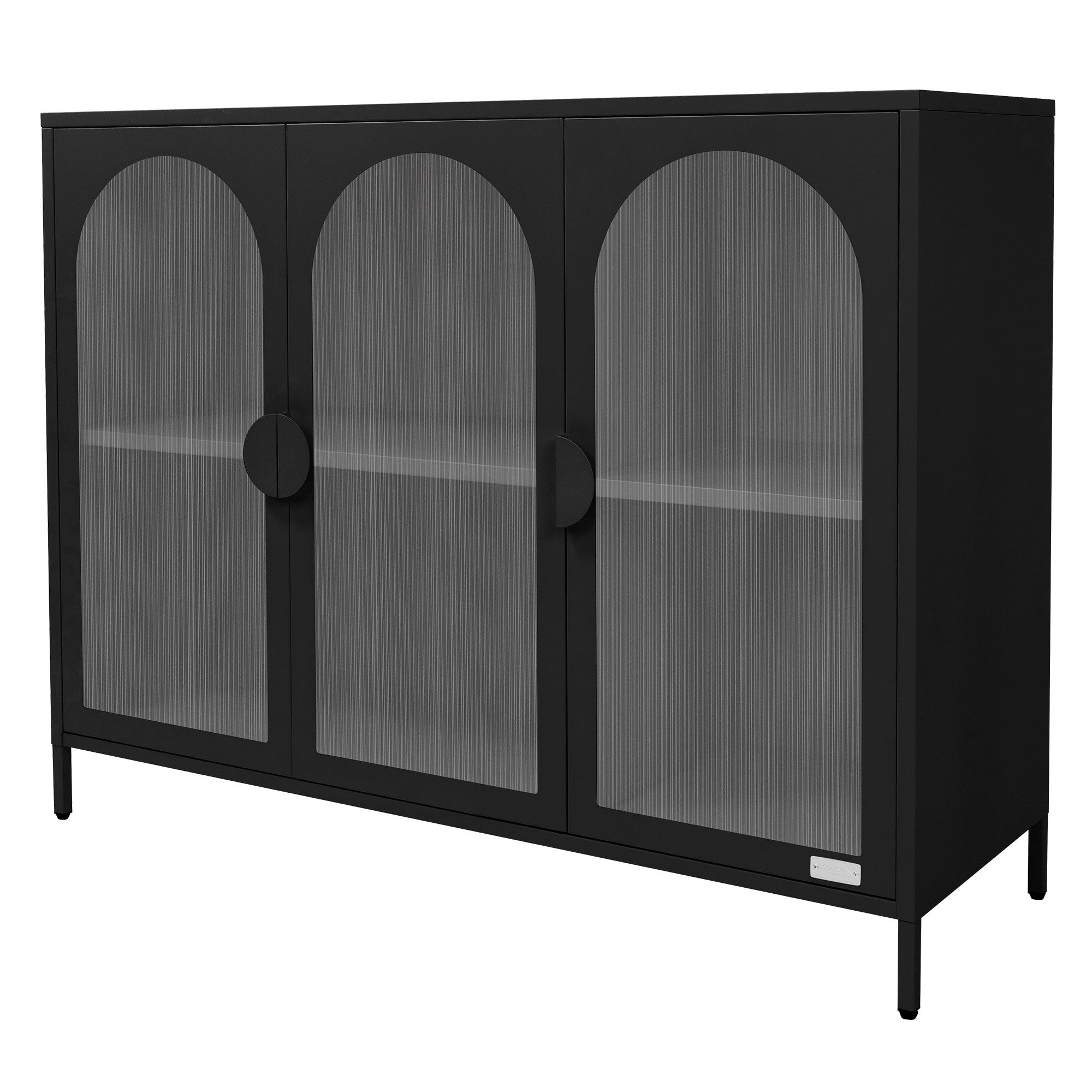 Schwarzer Schrank mit drei Türen, transparenten Fronten und minimalistischer Gestaltung.