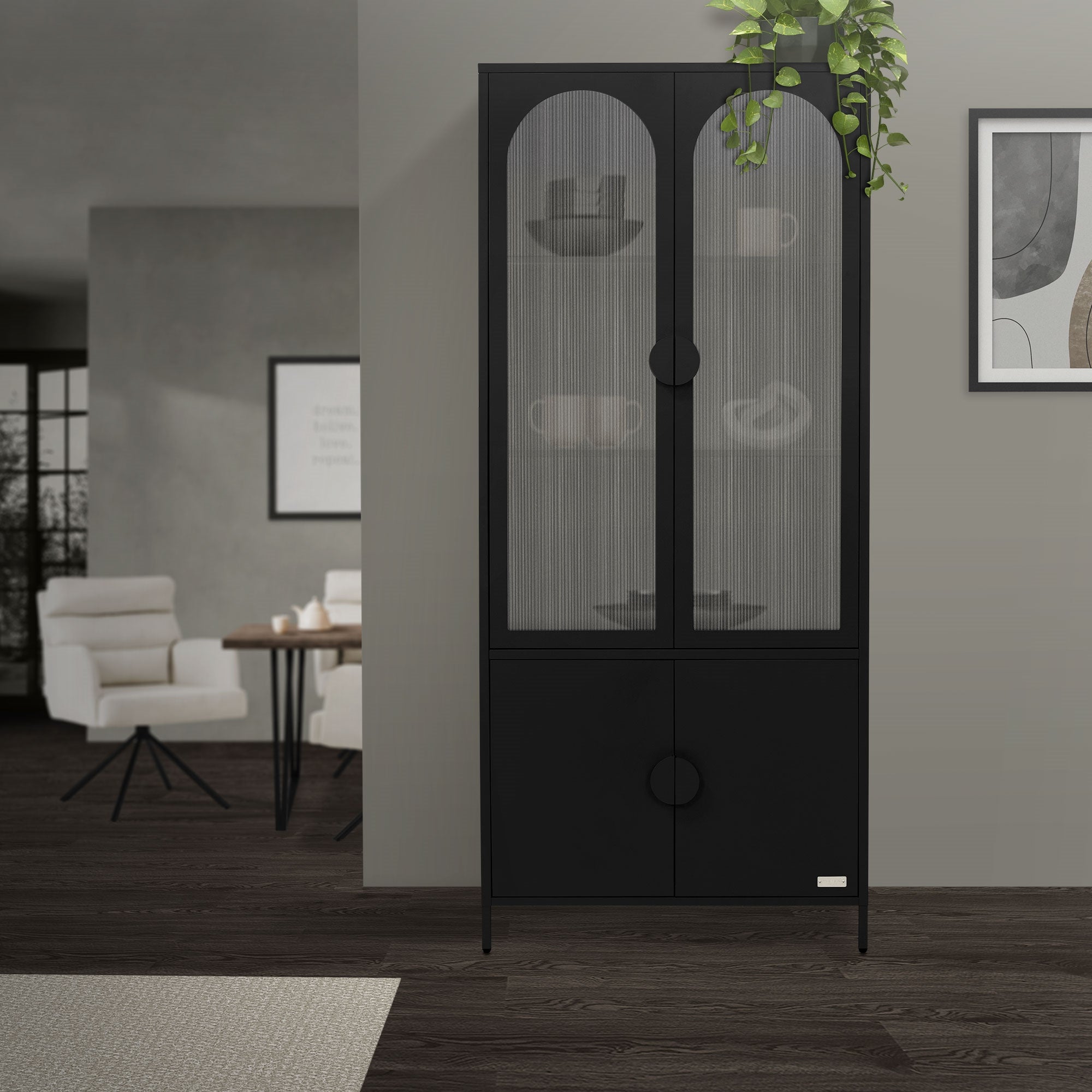 Armoire noire avec portes en verre et plantes en arrière-plan.