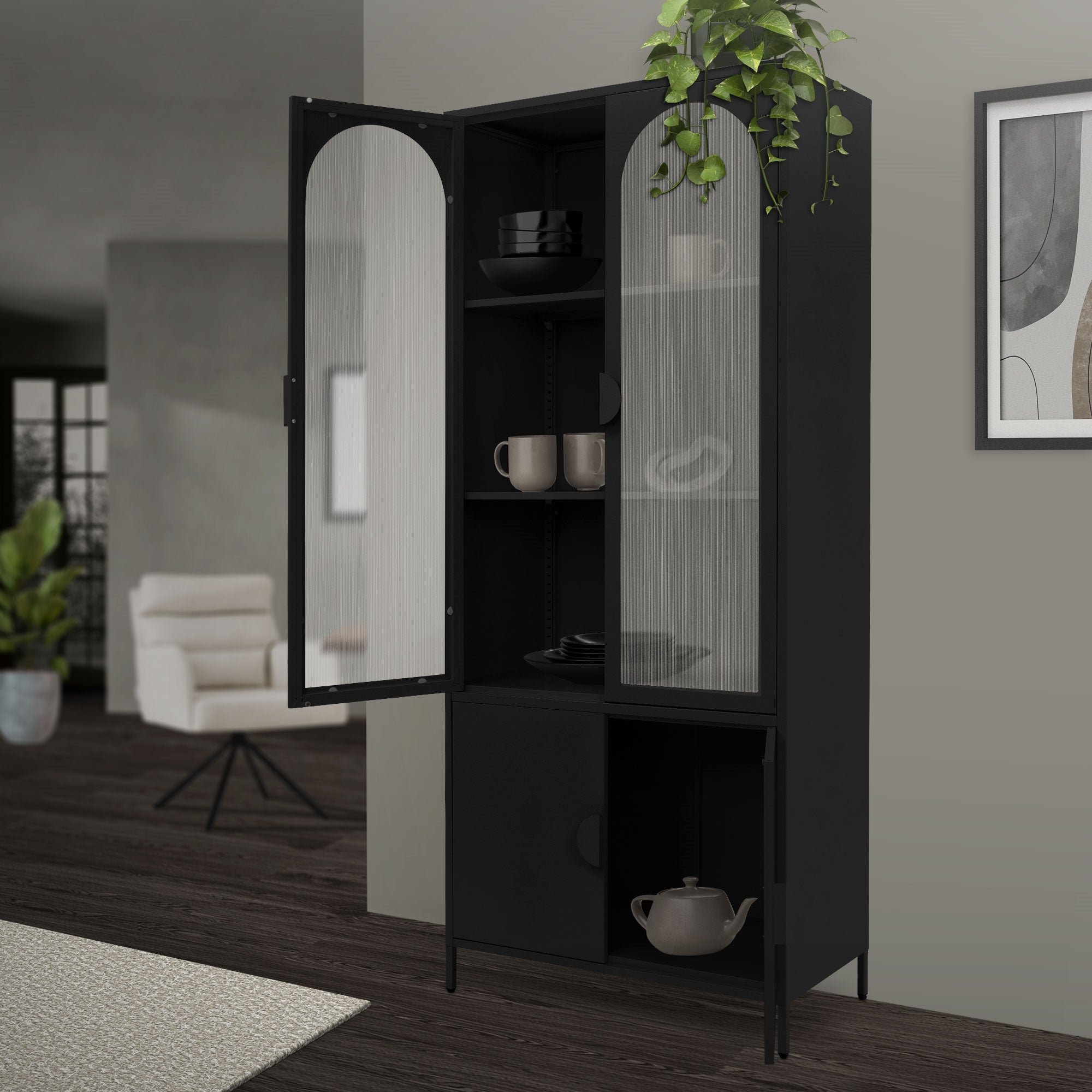 Armoire noire avec portes ouvertes, tasses et plantes à l'intérieur.