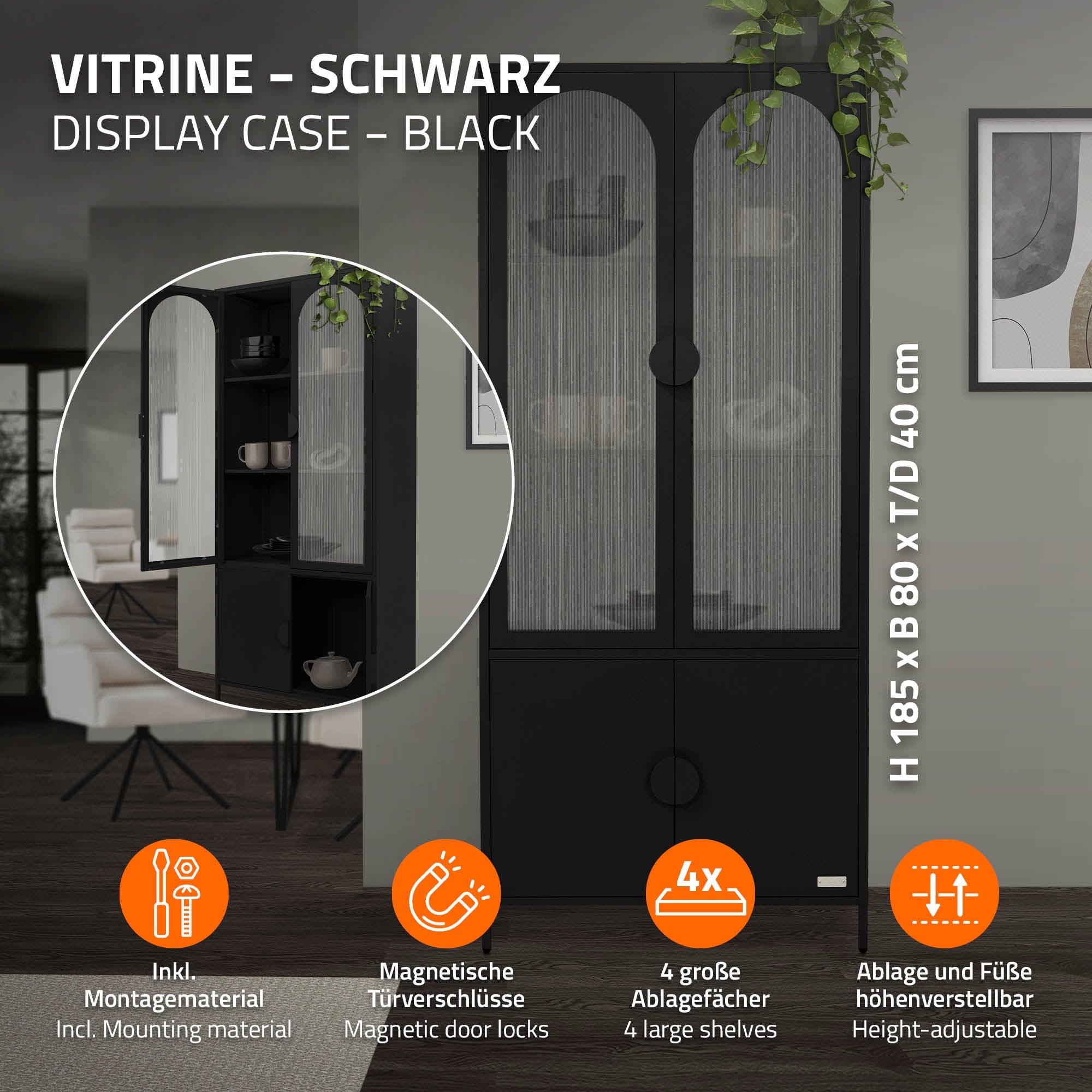Zwarte vitrine met informatie over afmetingen en functies.