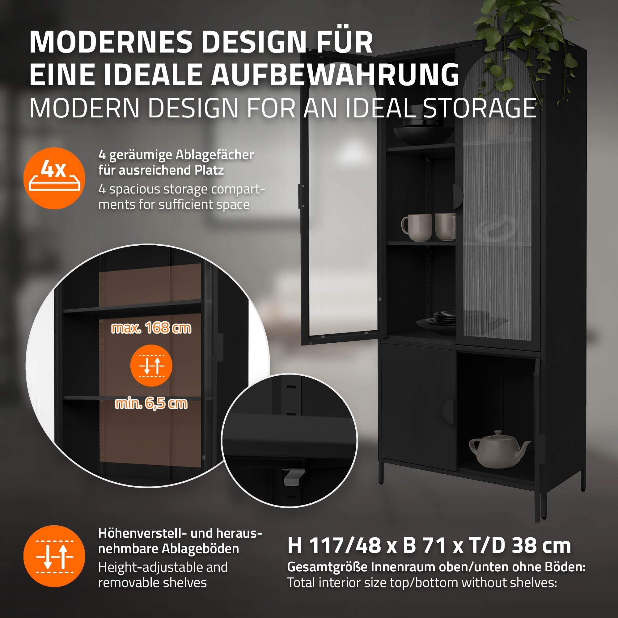 Mobilier moderne avec espace de rangement, 4 compartiments, hauteur 117 cm, largeur 71 cm, profondeur 38 cm.