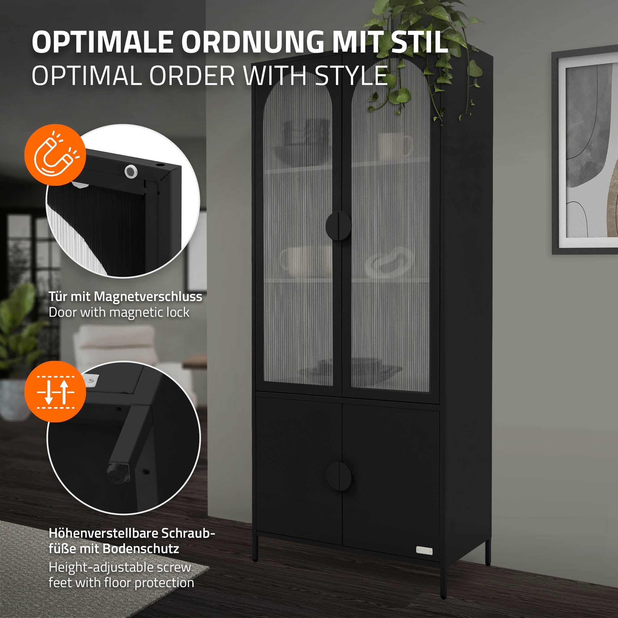 Armoire noire avec portes en verre et plantes, dans une pièce moderne.