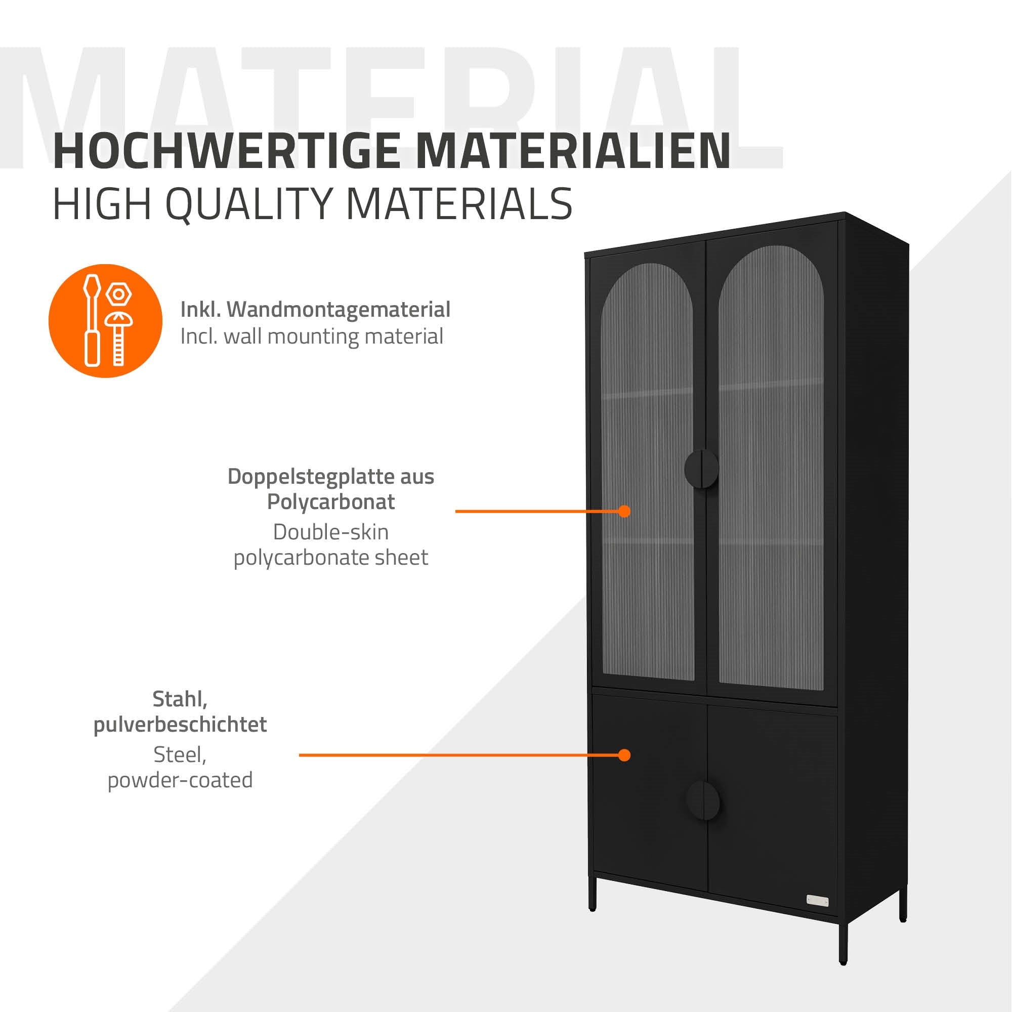 Armoire noire avec portes en verre, en acier revêtu de poudre.