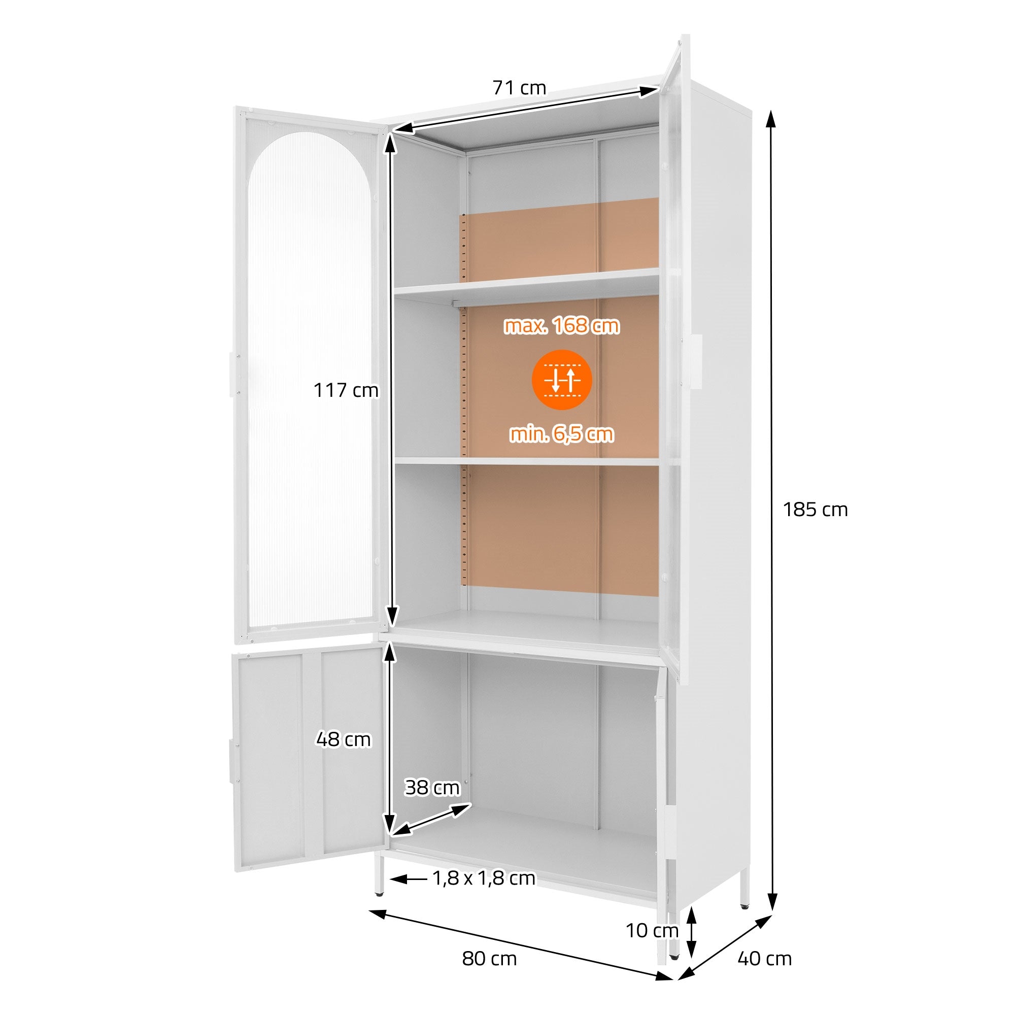 Grafiek van een witte kast met afmetingen en planken.