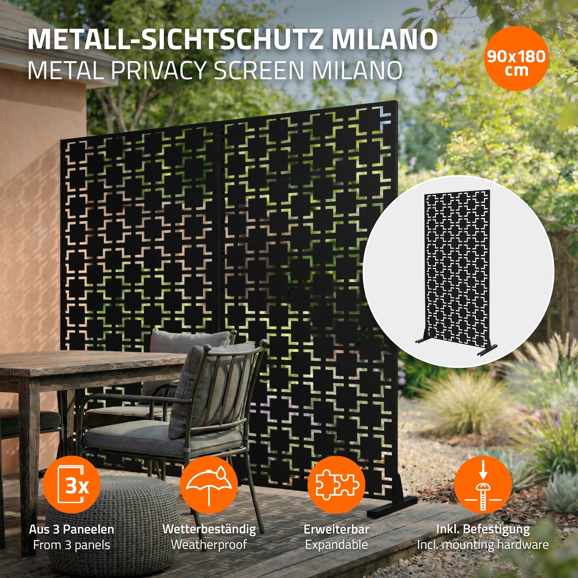 Metall-Sichtschutz Milano aus drei Paneelen, wetterbeständig und erweiterbar.